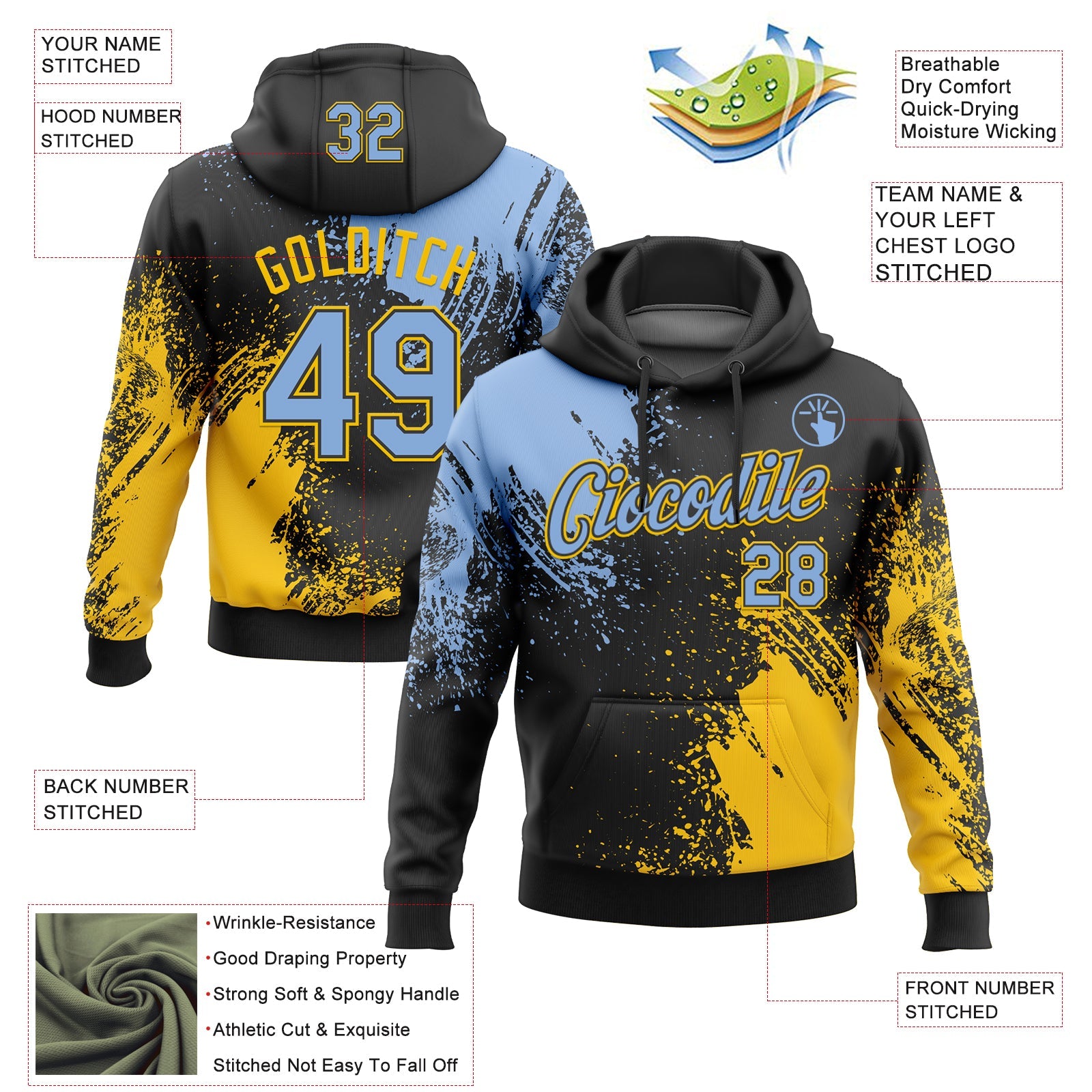 Custom Stitched Black Light Blue-Yellow 3D Pattern Design Abstract Brush Stroke Sports Pullover Sweatshirt Hoodie view 2