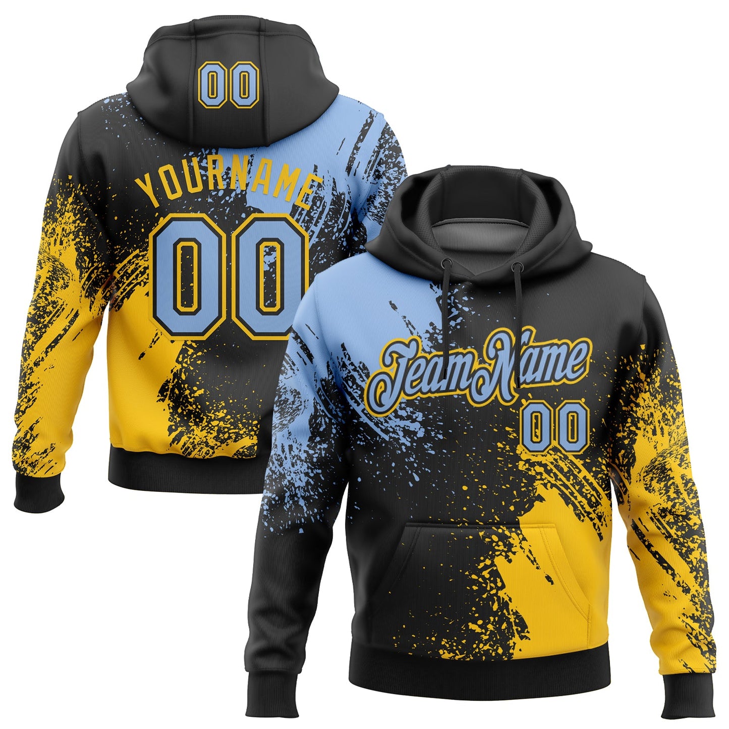 Custom Stitched Black Light Blue-Yellow 3D Pattern Design Abstract Brush Stroke Sports Pullover Sweatshirt Hoodie - Main View