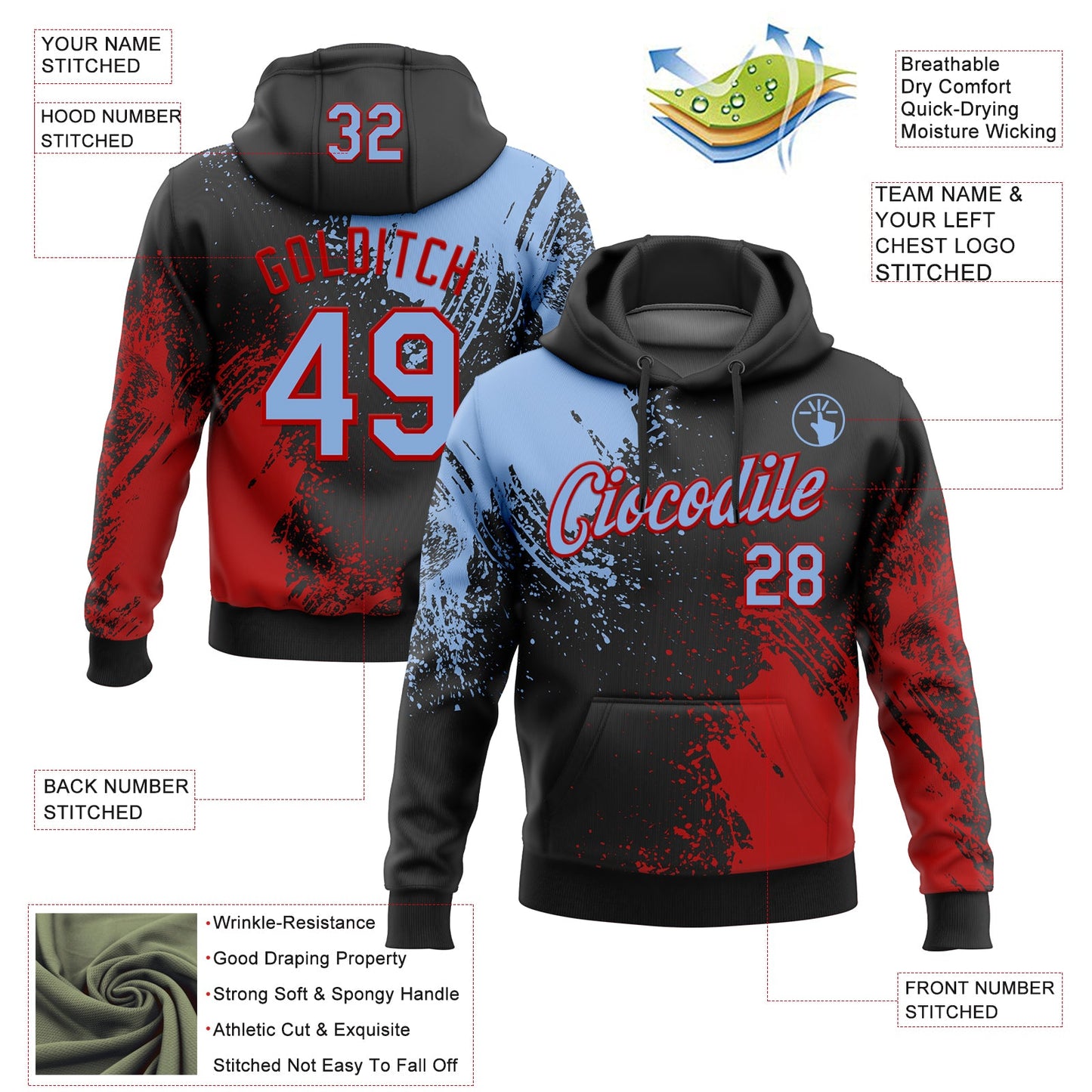 Custom Stitched Black Light Blue-Red 3D Pattern Design Abstract Brush Stroke Sports Pullover Sweatshirt Hoodie view 2