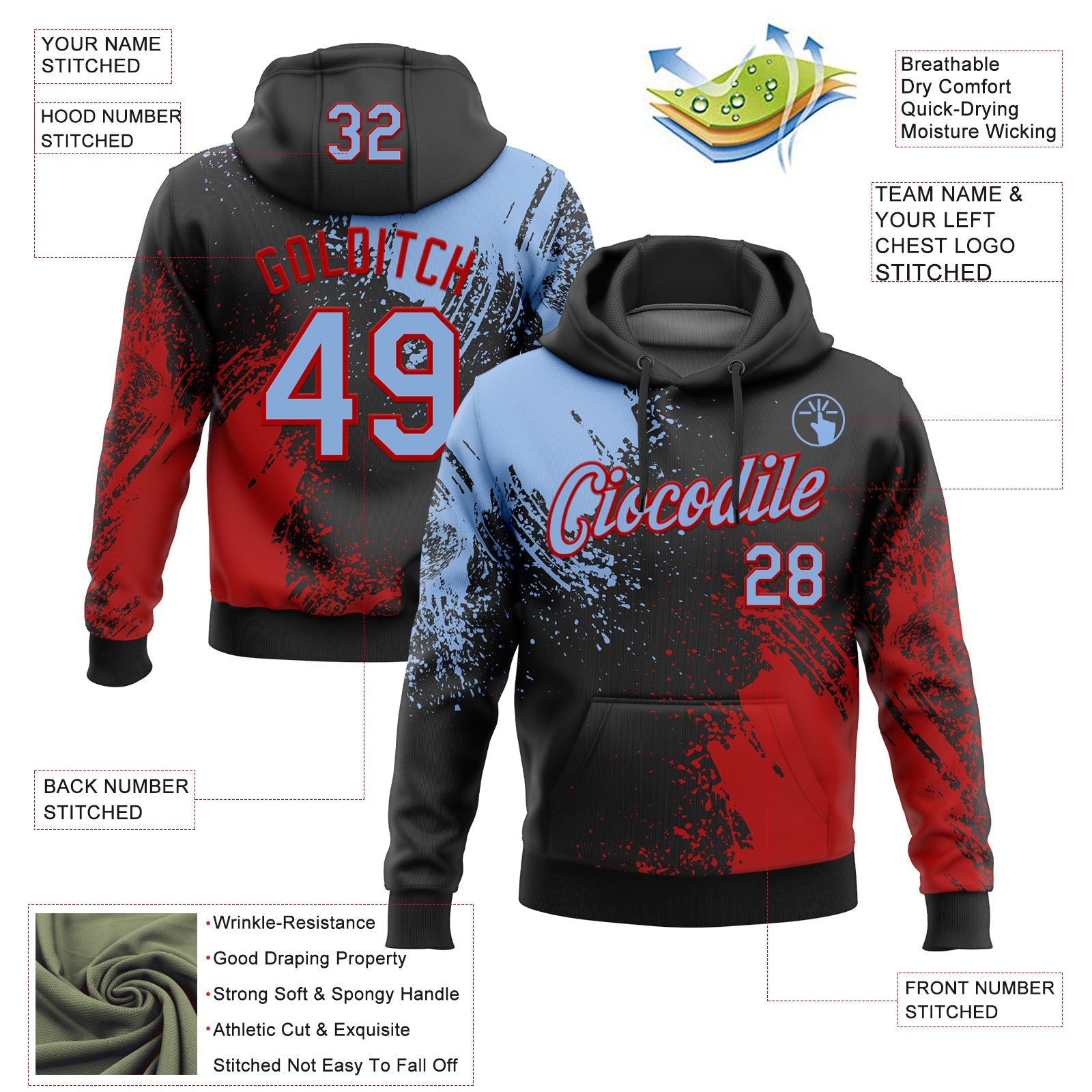 Custom Stitched Black Light Blue-Red 3D Pattern Design Abstract Brush Stroke Sports Pullover Sweatshirt Hoodie view 2