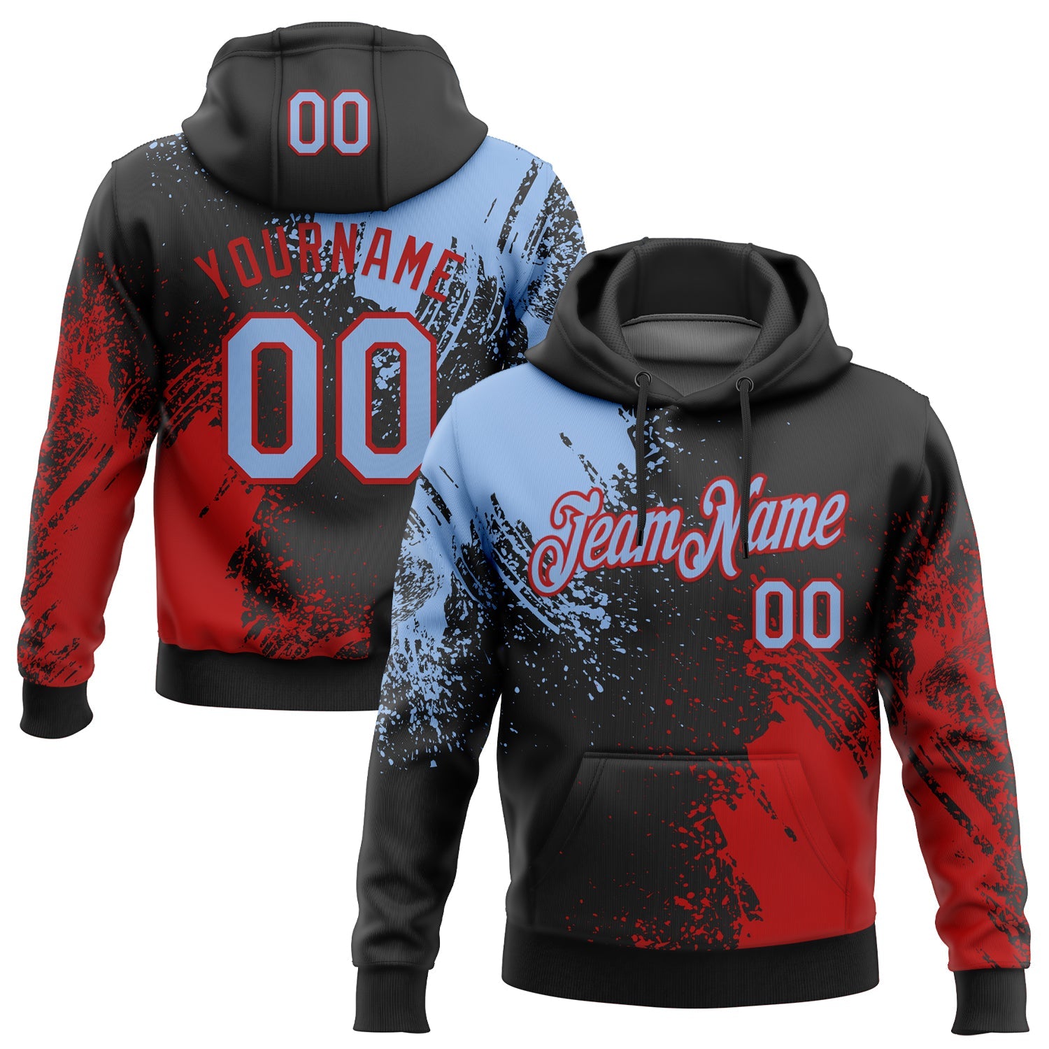 Custom Stitched Black Light Blue-Red 3D Pattern Design Abstract Brush Stroke Sports Pullover Sweatshirt Hoodie - Main View
