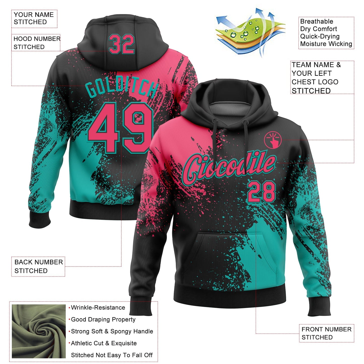 Custom Stitched Black Neon Pink-Aqua 3D Pattern Design Abstract Brush Stroke Sports Pullover Sweatshirt Hoodie view 2