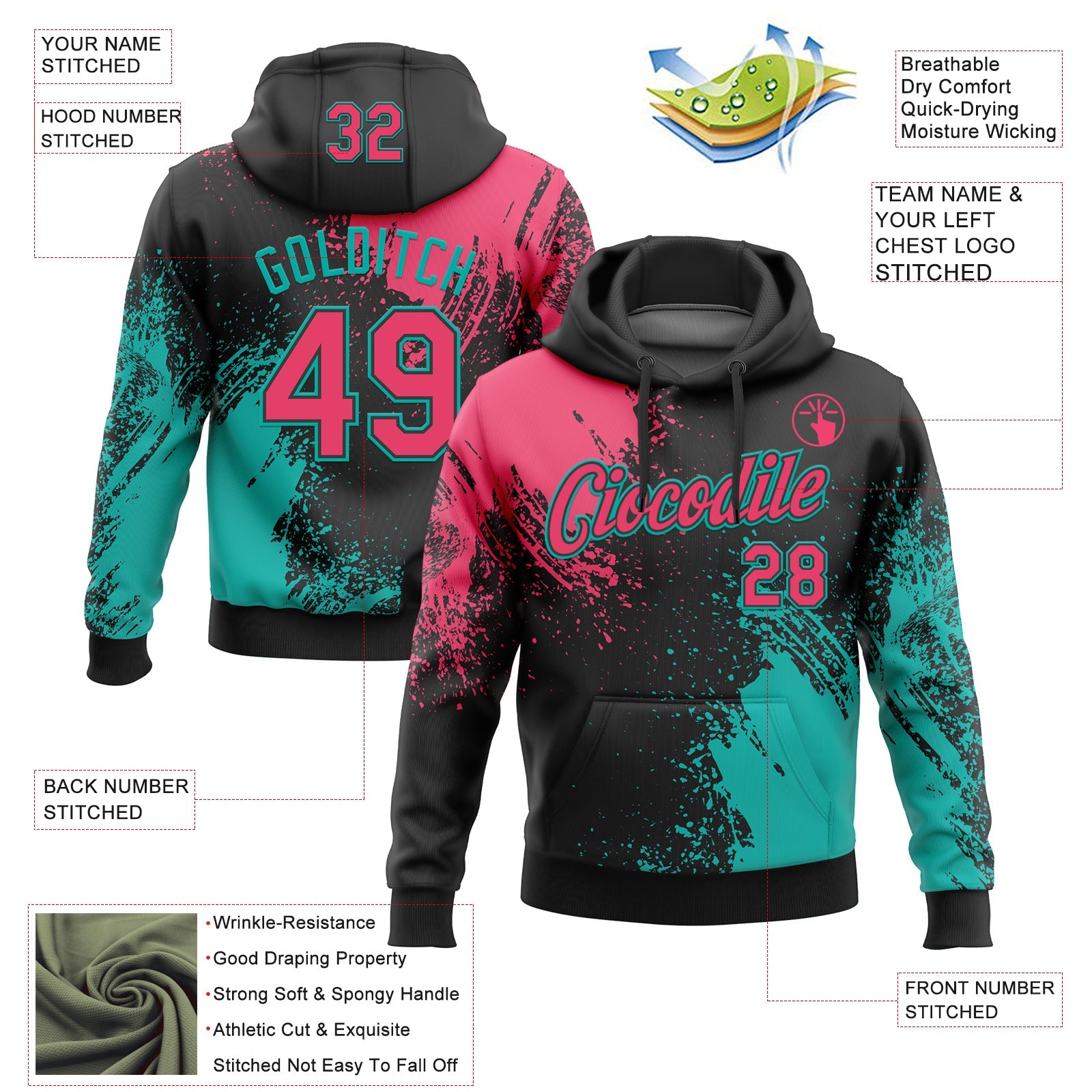 Custom Stitched Black Neon Pink-Aqua 3D Pattern Design Abstract Brush Stroke Sports Pullover Sweatshirt Hoodie view 2