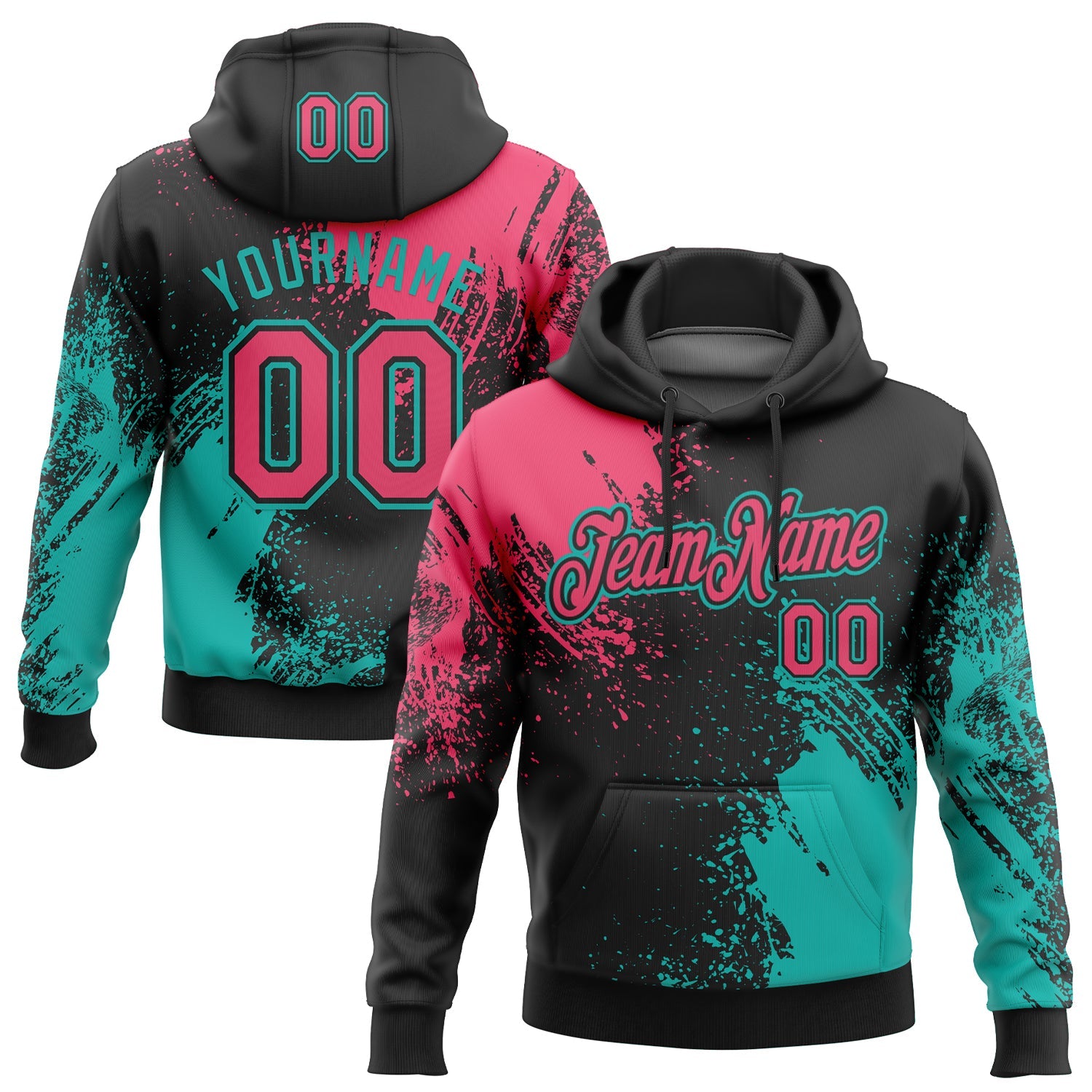 Custom Stitched Black Neon Pink-Aqua 3D Pattern Design Abstract Brush Stroke Sports Pullover Sweatshirt Hoodie - Main View