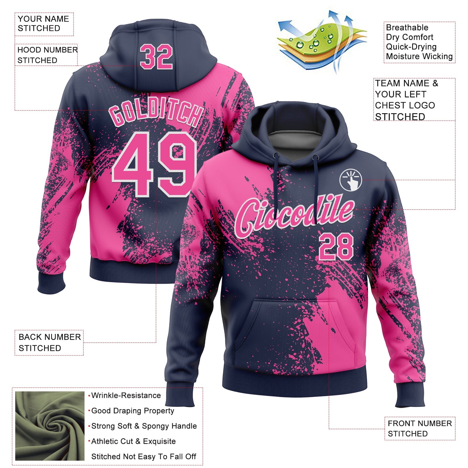 Custom Stitched Navy Pink-White 3D Pattern Design Abstract Brush Stroke Sports Pullover Sweatshirt Hoodie view 2