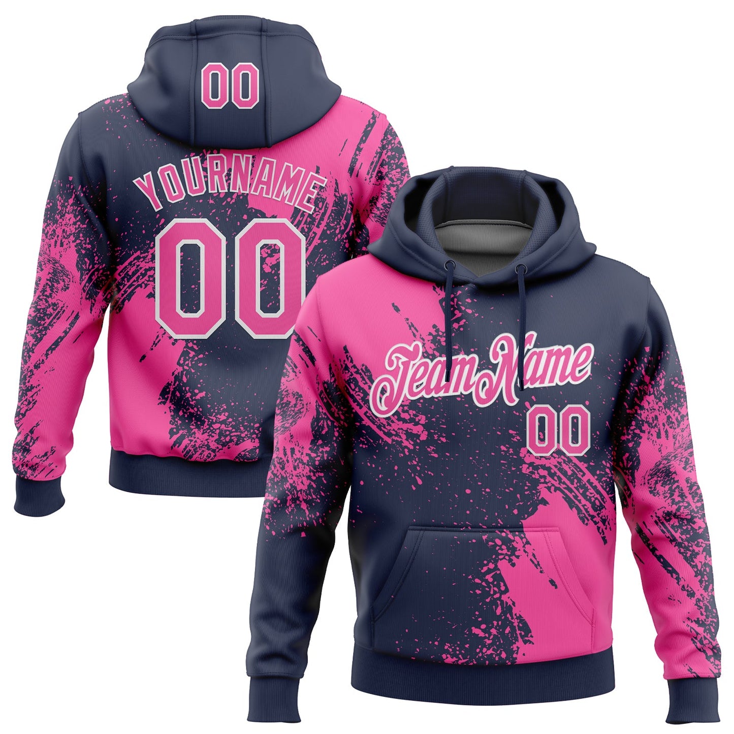 Custom Stitched Navy Pink-White 3D Pattern Design Abstract Brush Stroke Sports Pullover Sweatshirt Hoodie - Main View