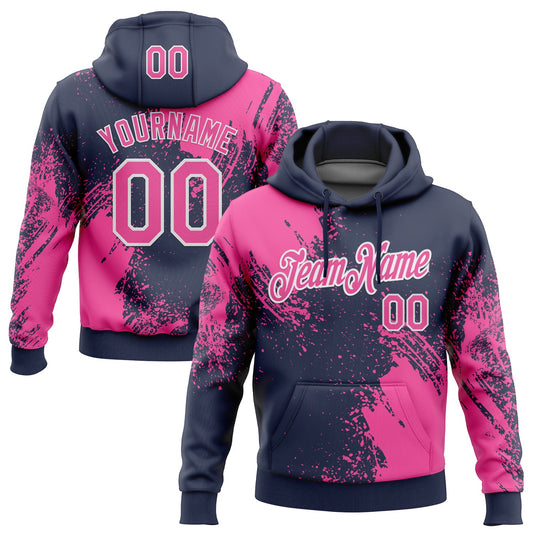 Custom Stitched Navy Pink-White 3D Pattern Design Abstract Brush Stroke Sports Pullover Sweatshirt Hoodie - Main View