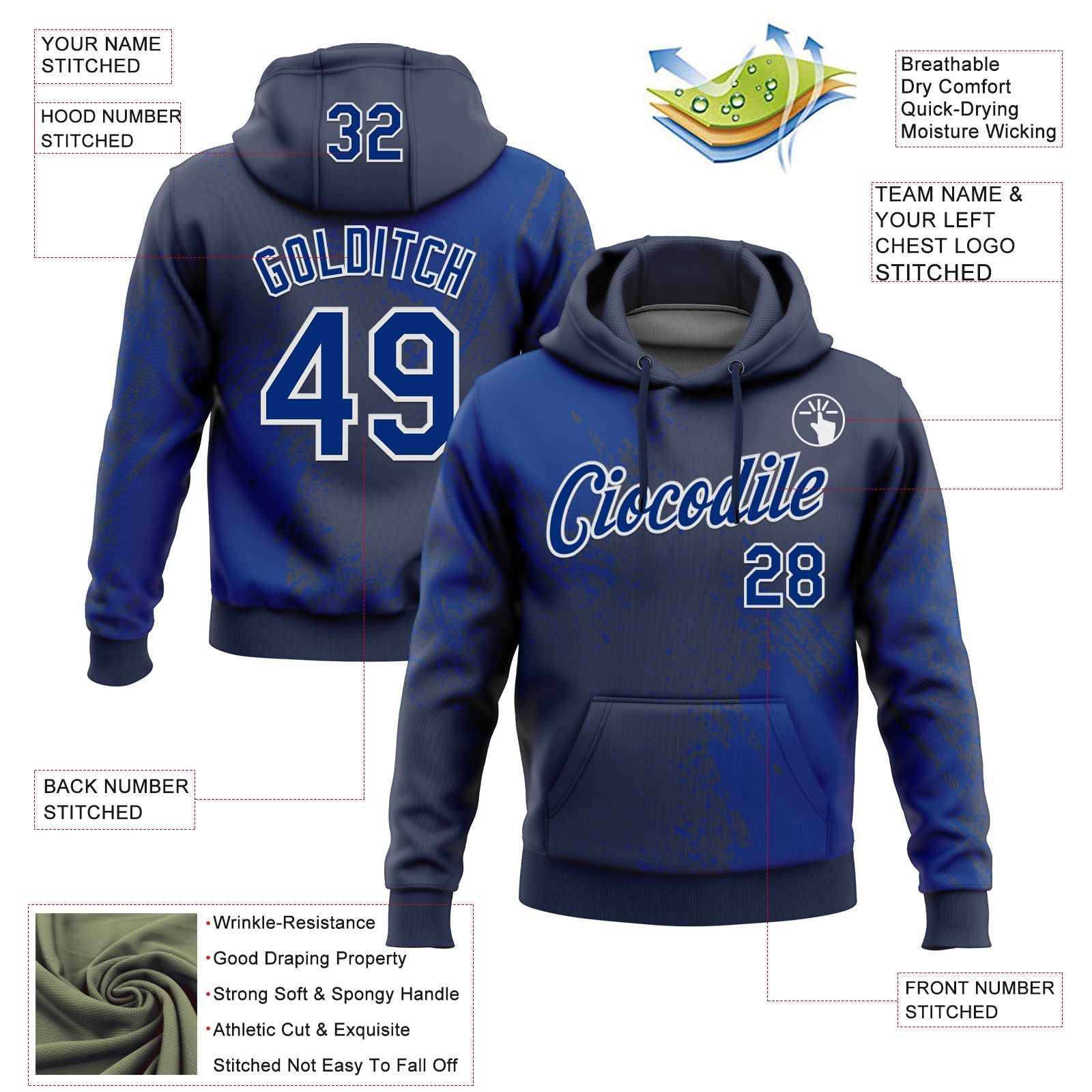 Custom Stitched Navy Royal-White 3D Pattern Design Abstract Brush Stroke Sports Pullover Sweatshirt Hoodie view 2
