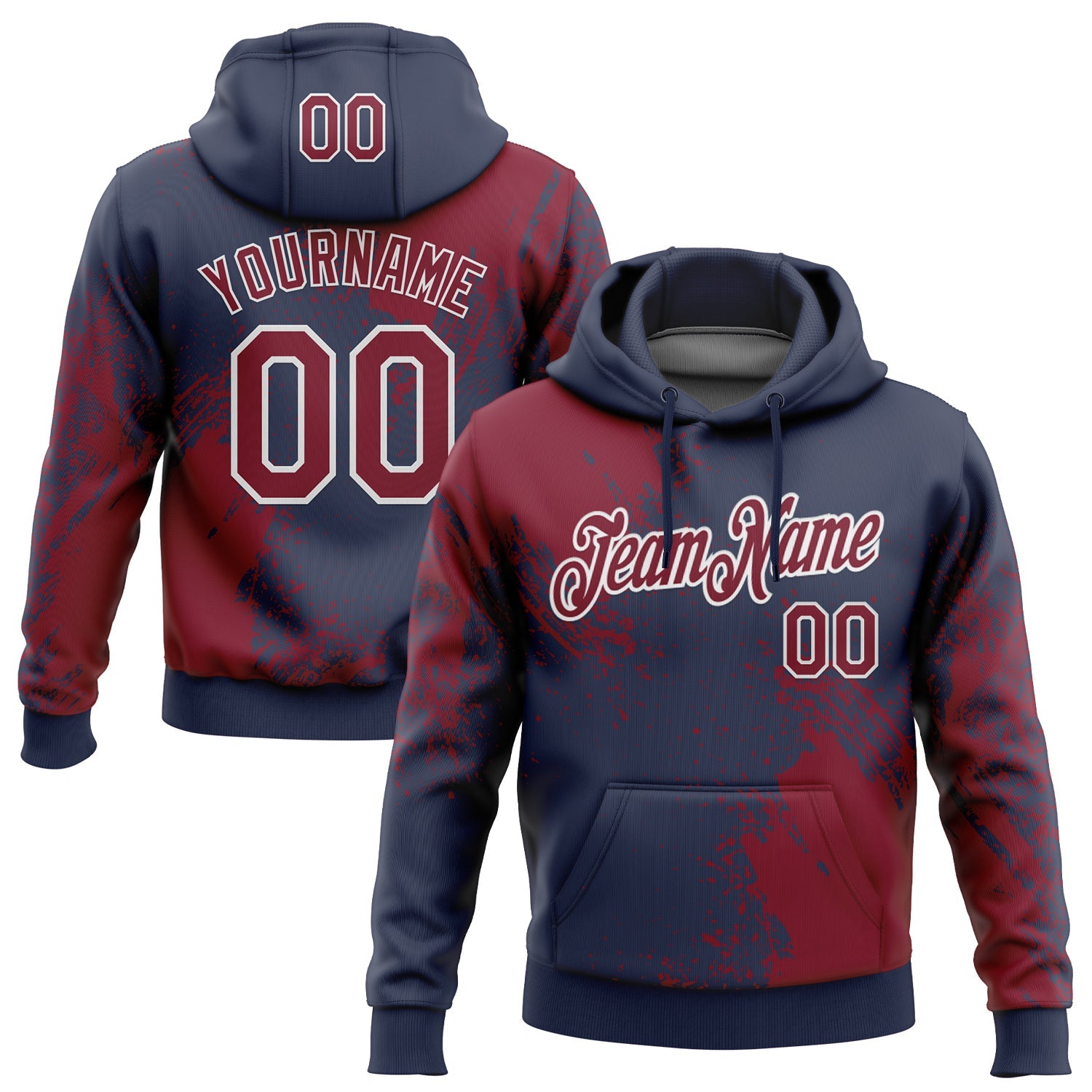Custom Stitched Navy Crimson-White 3D Pattern Design Abstract Brush Stroke Sports Pullover Sweatshirt Hoodie - Main View