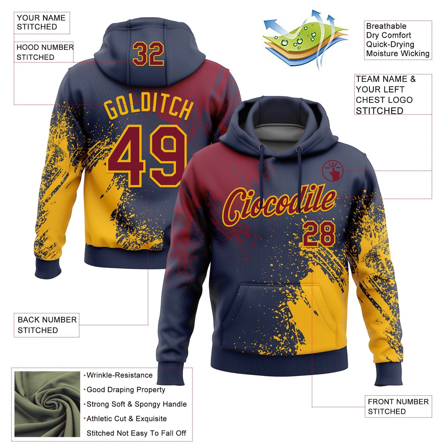 Custom Stitched Navy Crimson-Gold 3D Pattern Design Abstract Brush Stroke Sports Pullover Sweatshirt Hoodie view 2