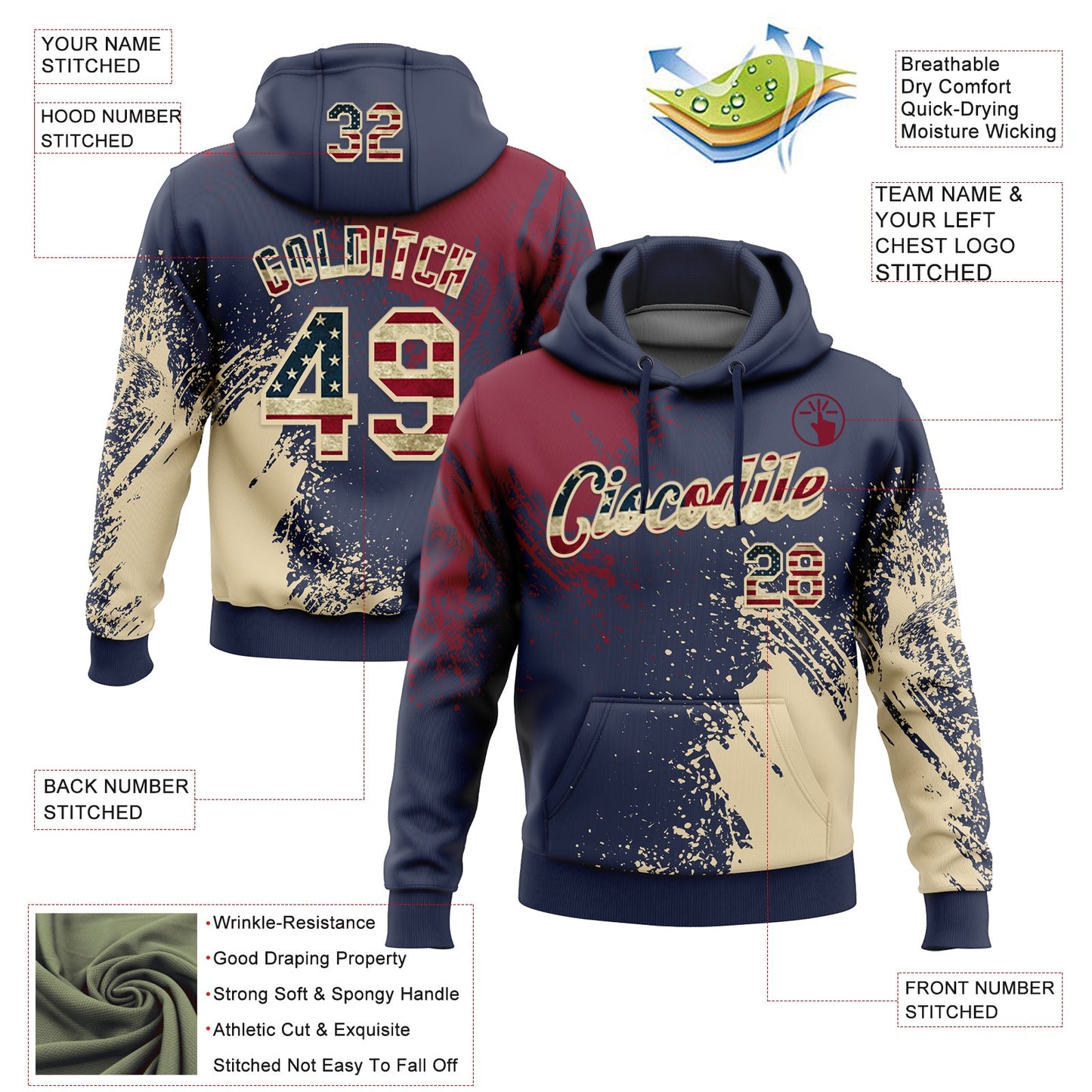 Custom Stitched Navy Vintage USA Flag Crimson-Cream 3D Pattern Design Abstract Brush Stroke Sports Pullover Sweatshirt Hoodie view 2