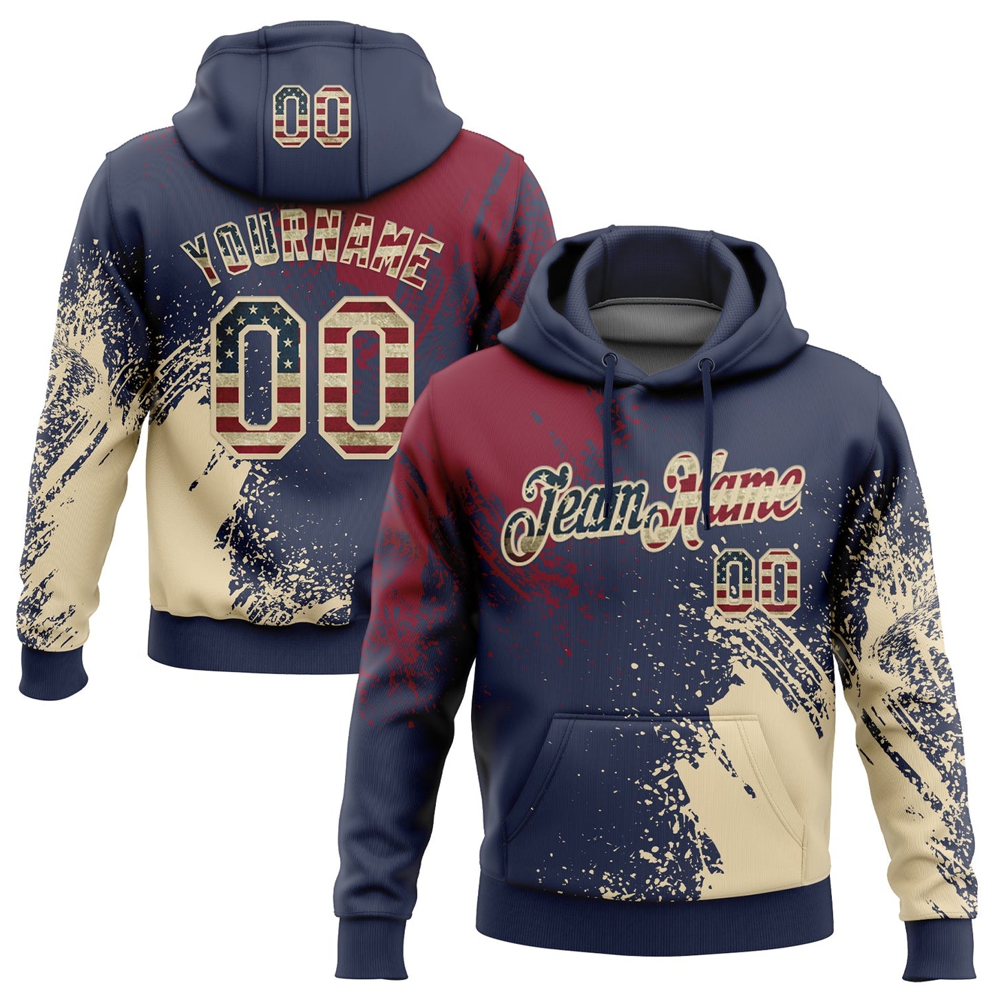 Custom Stitched Navy Vintage USA Flag Crimson-Cream 3D Pattern Design Abstract Brush Stroke Sports Pullover Sweatshirt Hoodie - Main View