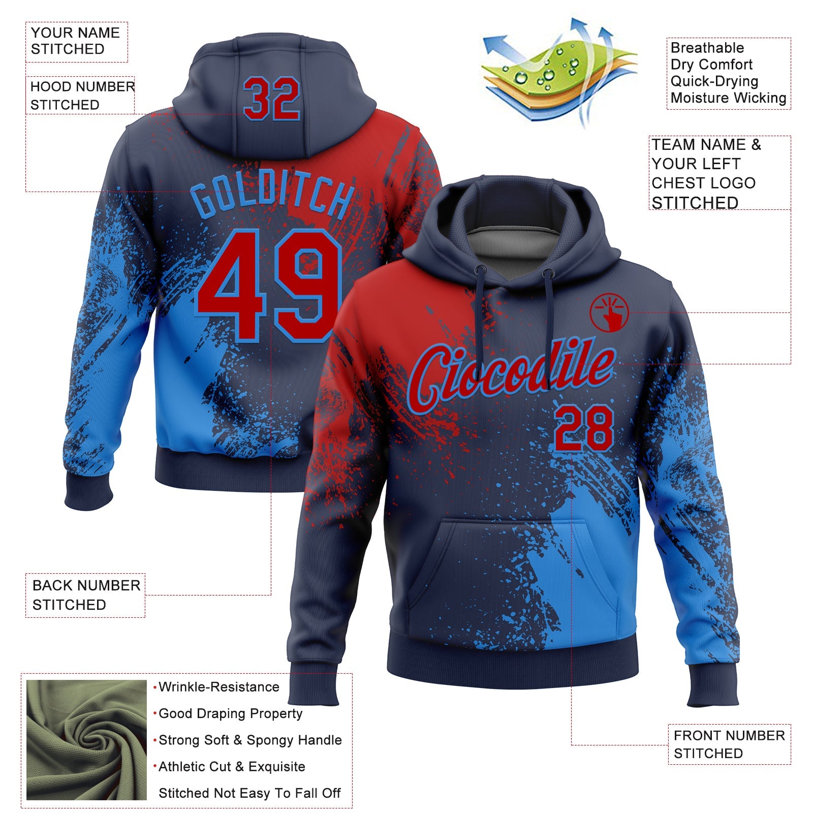 Custom Stitched Navy Red-Powder Blue 3D Pattern Design Abstract Brush Stroke Sports Pullover Sweatshirt Hoodie view 2