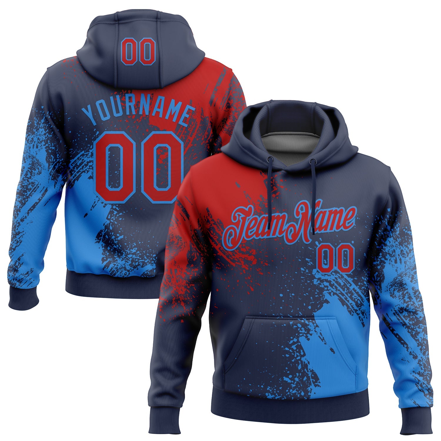 Custom Stitched Navy Red-Powder Blue 3D Pattern Design Abstract Brush Stroke Sports Pullover Sweatshirt Hoodie - Main View