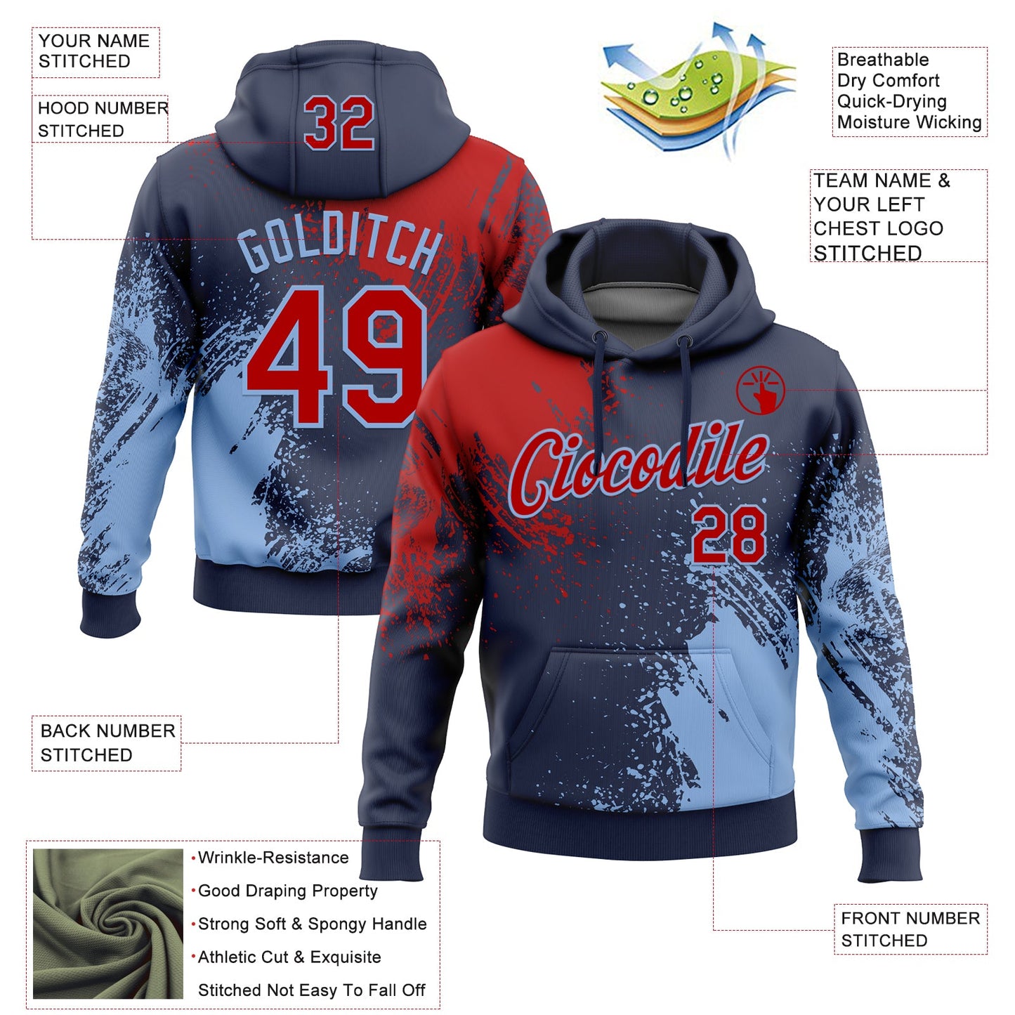 Custom Stitched Navy Red-Light Blue 3D Pattern Design Abstract Brush Stroke Sports Pullover Sweatshirt Hoodie view 2