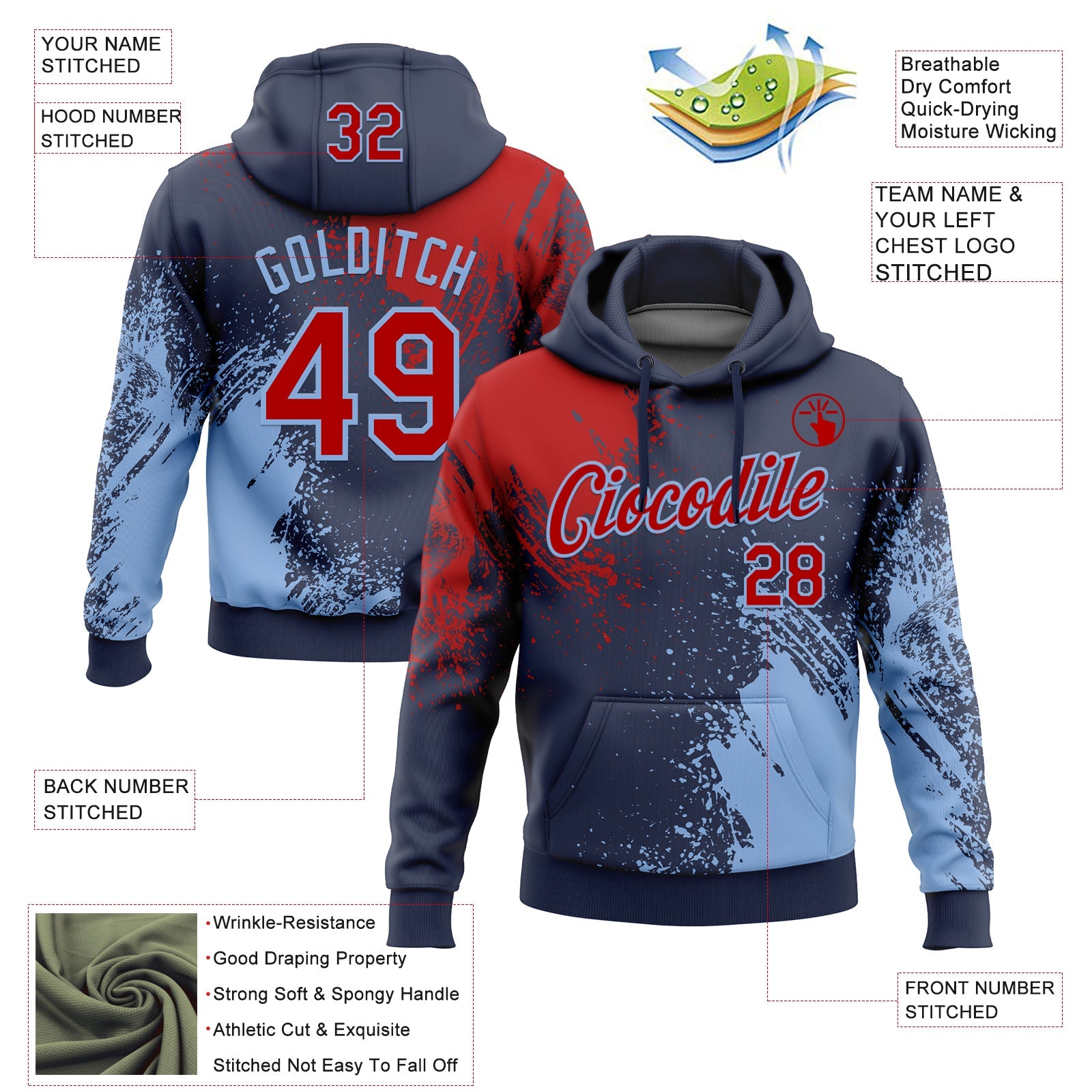 Custom Stitched Navy Red-Light Blue 3D Pattern Design Abstract Brush Stroke Sports Pullover Sweatshirt Hoodie view 2