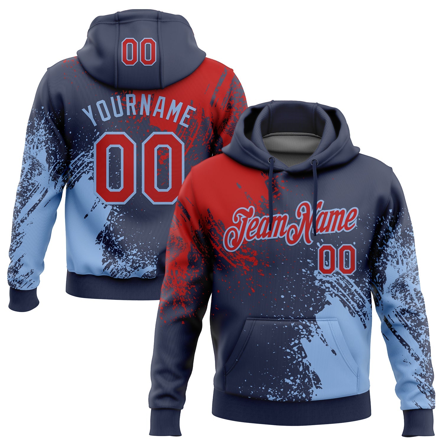 Custom Stitched Navy Red-Light Blue 3D Pattern Design Abstract Brush Stroke Sports Pullover Sweatshirt Hoodie - Main View