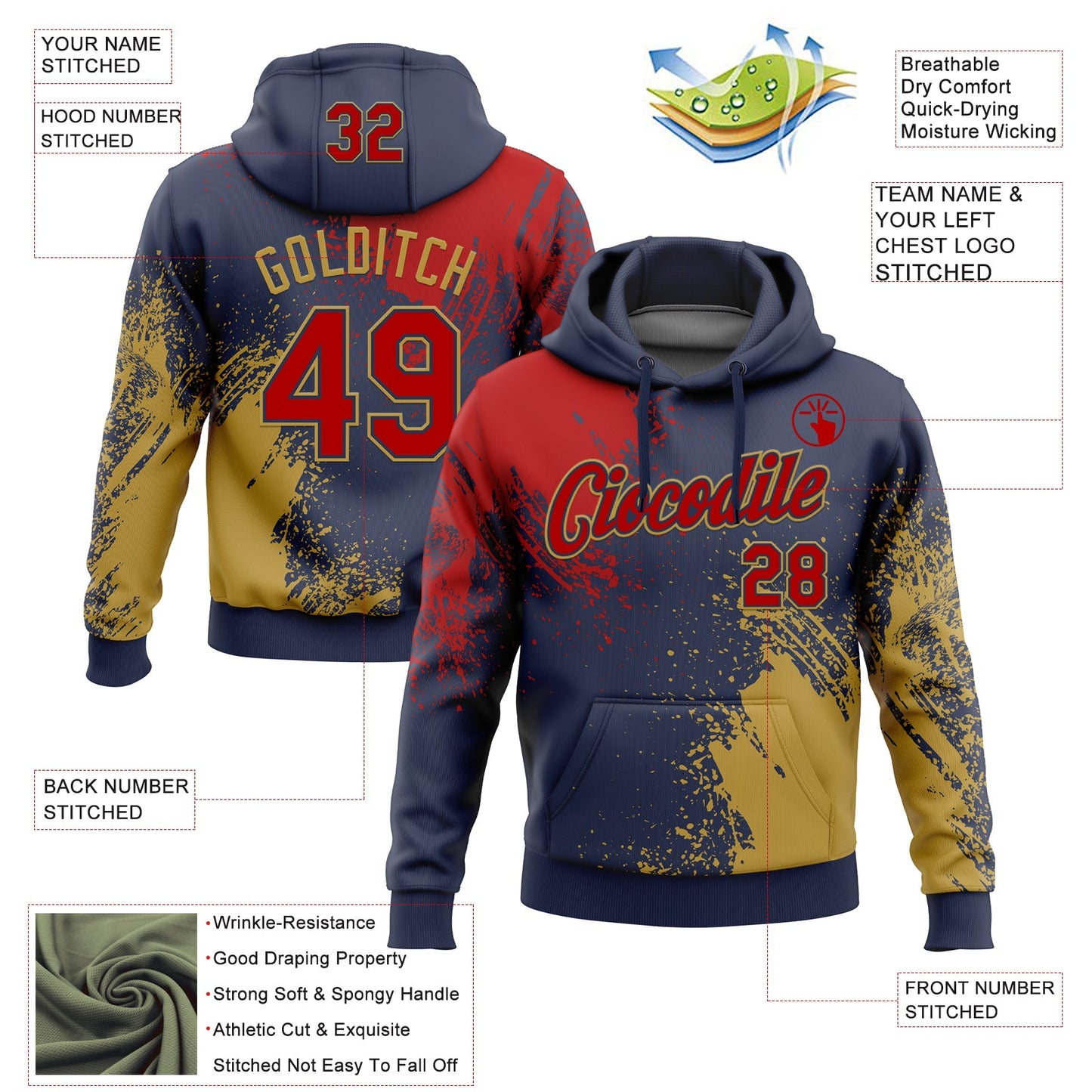 Custom Stitched Navy Red-Old Gold 3D Pattern Design Abstract Brush Stroke Sports Pullover Sweatshirt Hoodie view 2