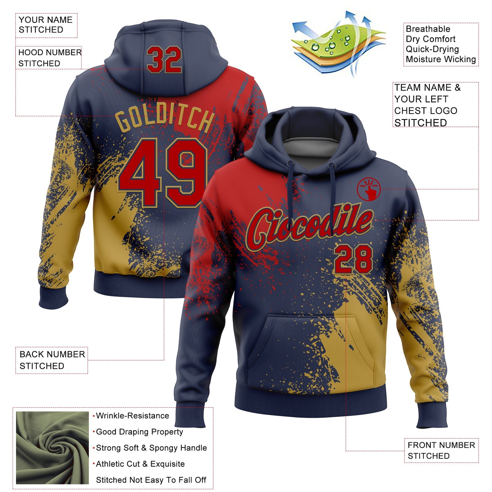 Custom Stitched Navy Red-Old Gold 3D Pattern Design Abstract Brush Stroke Sports Pullover Sweatshirt Hoodie view 2
