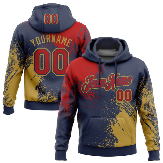 Custom Stitched Navy Red-Old Gold 3D Pattern Design Abstract Brush Stroke Sports Pullover Sweatshirt Hoodie - Main View