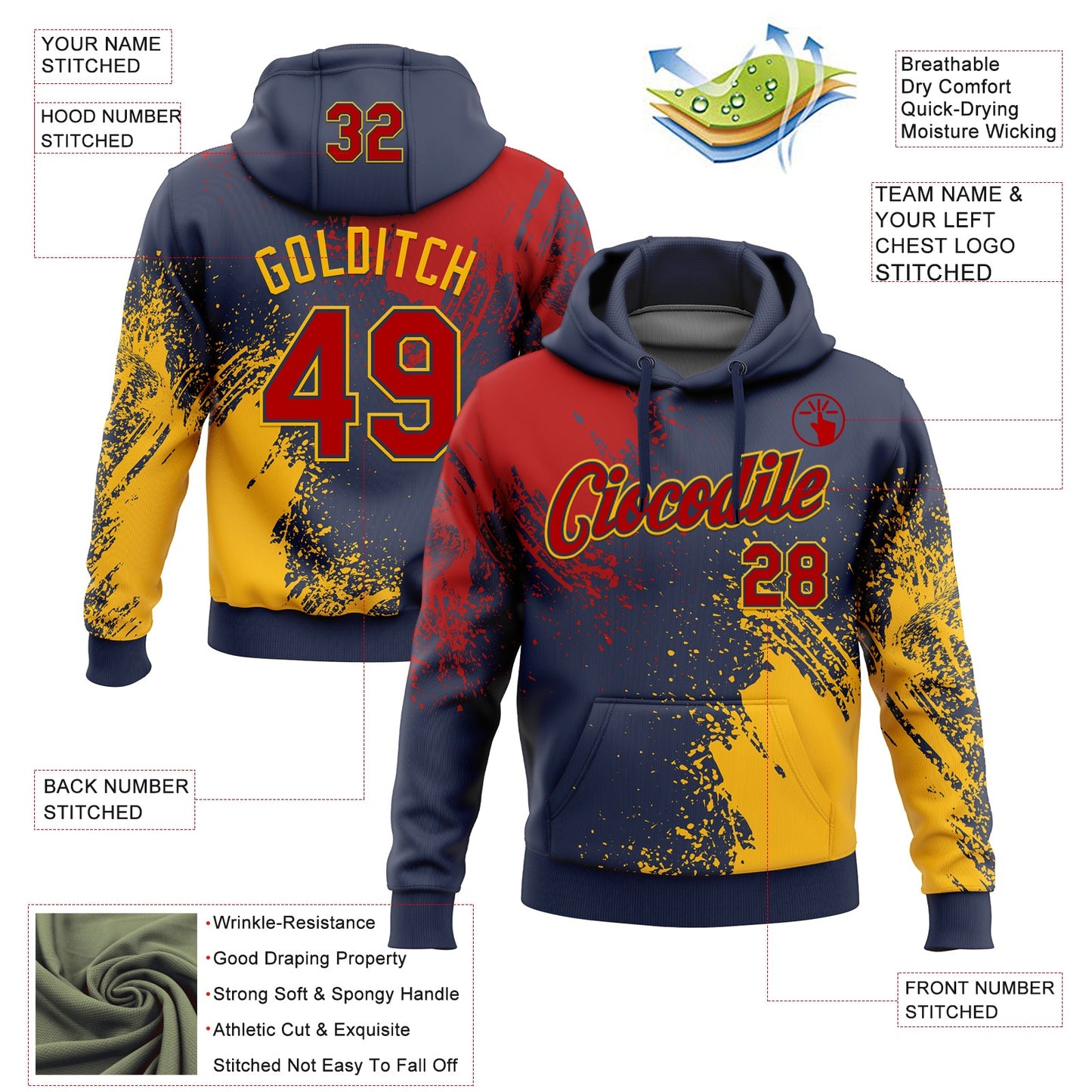 Custom Stitched Navy Red-Gold 3D Pattern Design Abstract Brush Stroke Sports Pullover Sweatshirt Hoodie view 2