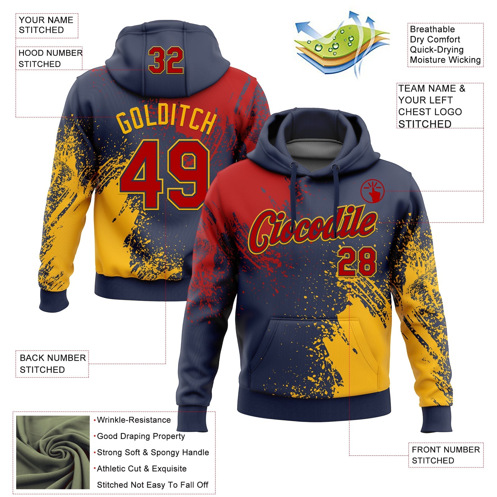 Custom Stitched Navy Red-Gold 3D Pattern Design Abstract Brush Stroke Sports Pullover Sweatshirt Hoodie view 2