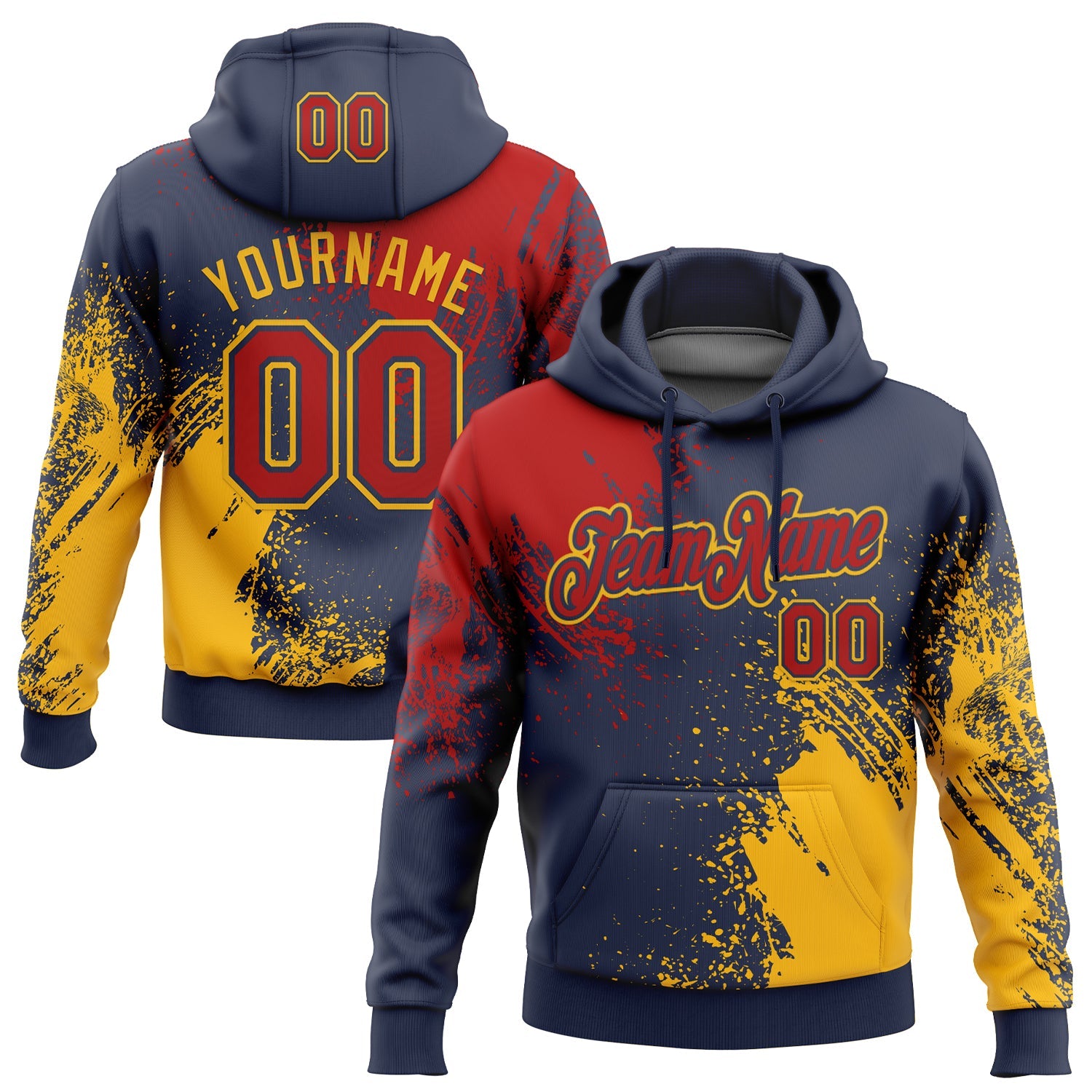 Custom Stitched Navy Red-Gold 3D Pattern Design Abstract Brush Stroke Sports Pullover Sweatshirt Hoodie - Main View
