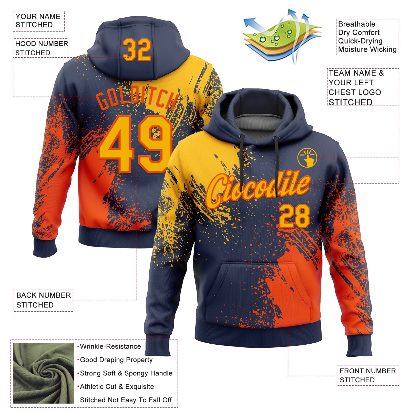 Custom Stitched Navy Gold-Orange 3D Pattern Design Abstract Brush Stroke Sports Pullover Sweatshirt Hoodie view 2