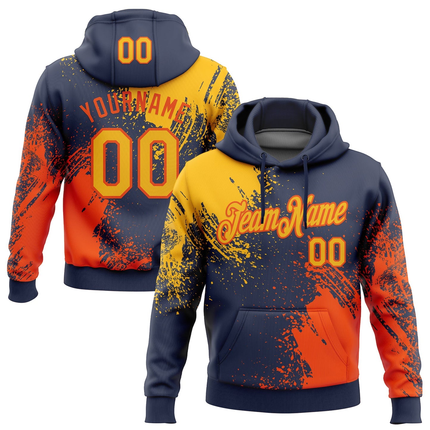 Custom Stitched Navy Gold-Orange 3D Pattern Design Abstract Brush Stroke Sports Pullover Sweatshirt Hoodie - Main View