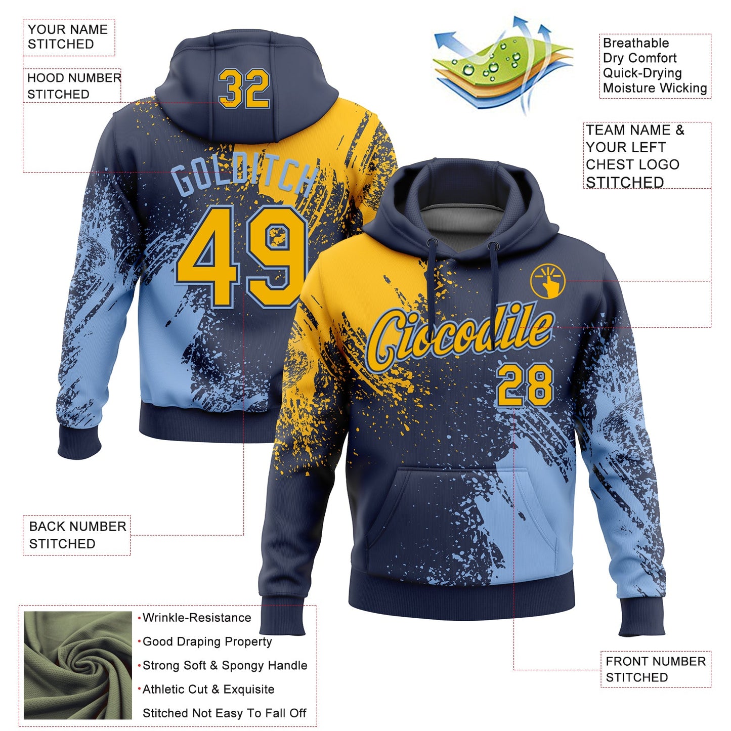 Custom Stitched Navy Gold-Light Blue 3D Pattern Design Abstract Brush Stroke Sports Pullover Sweatshirt Hoodie view 2