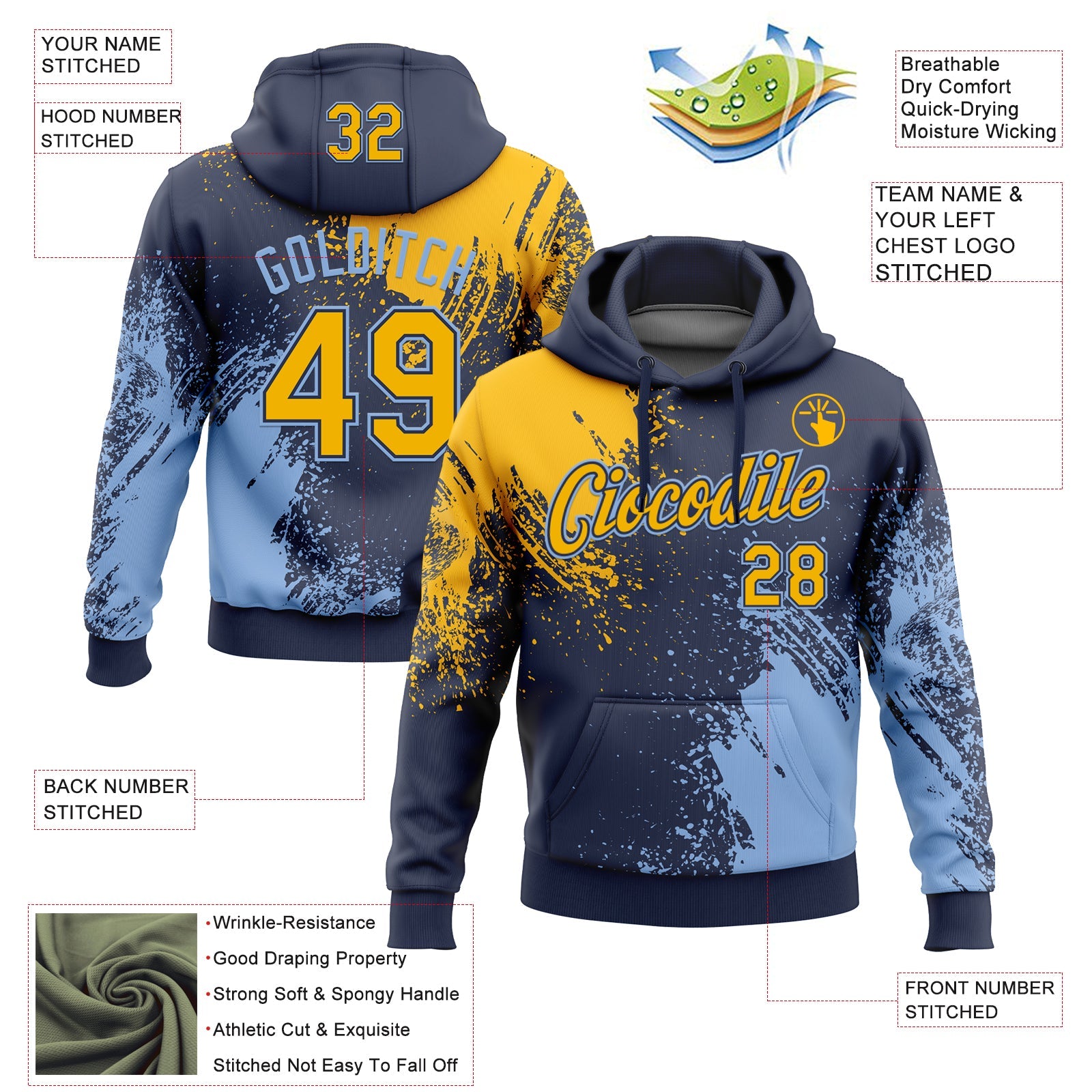 Custom Stitched Navy Gold-Light Blue 3D Pattern Design Abstract Brush Stroke Sports Pullover Sweatshirt Hoodie view 2