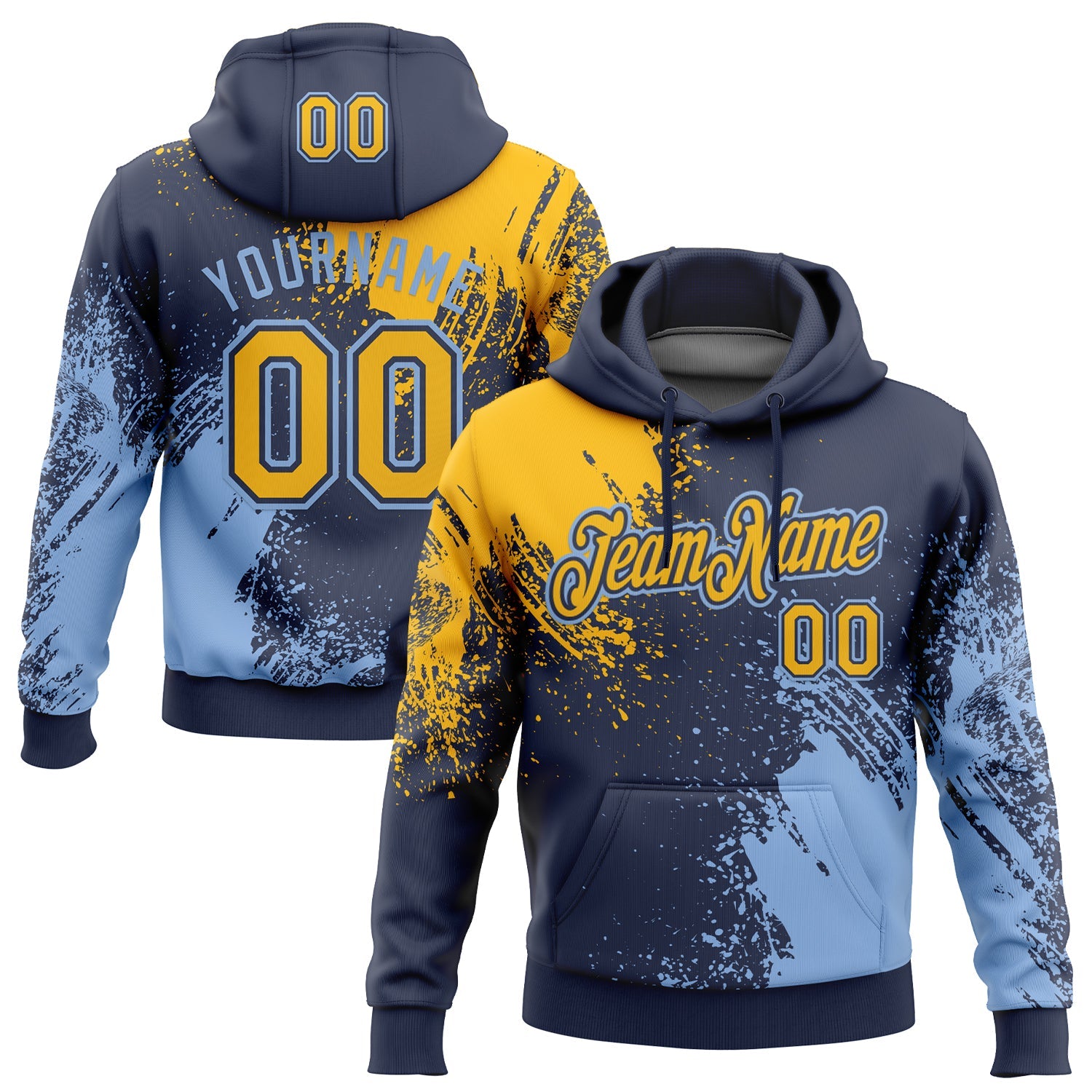 Custom Stitched Navy Gold-Light Blue 3D Pattern Design Abstract Brush Stroke Sports Pullover Sweatshirt Hoodie - Main View