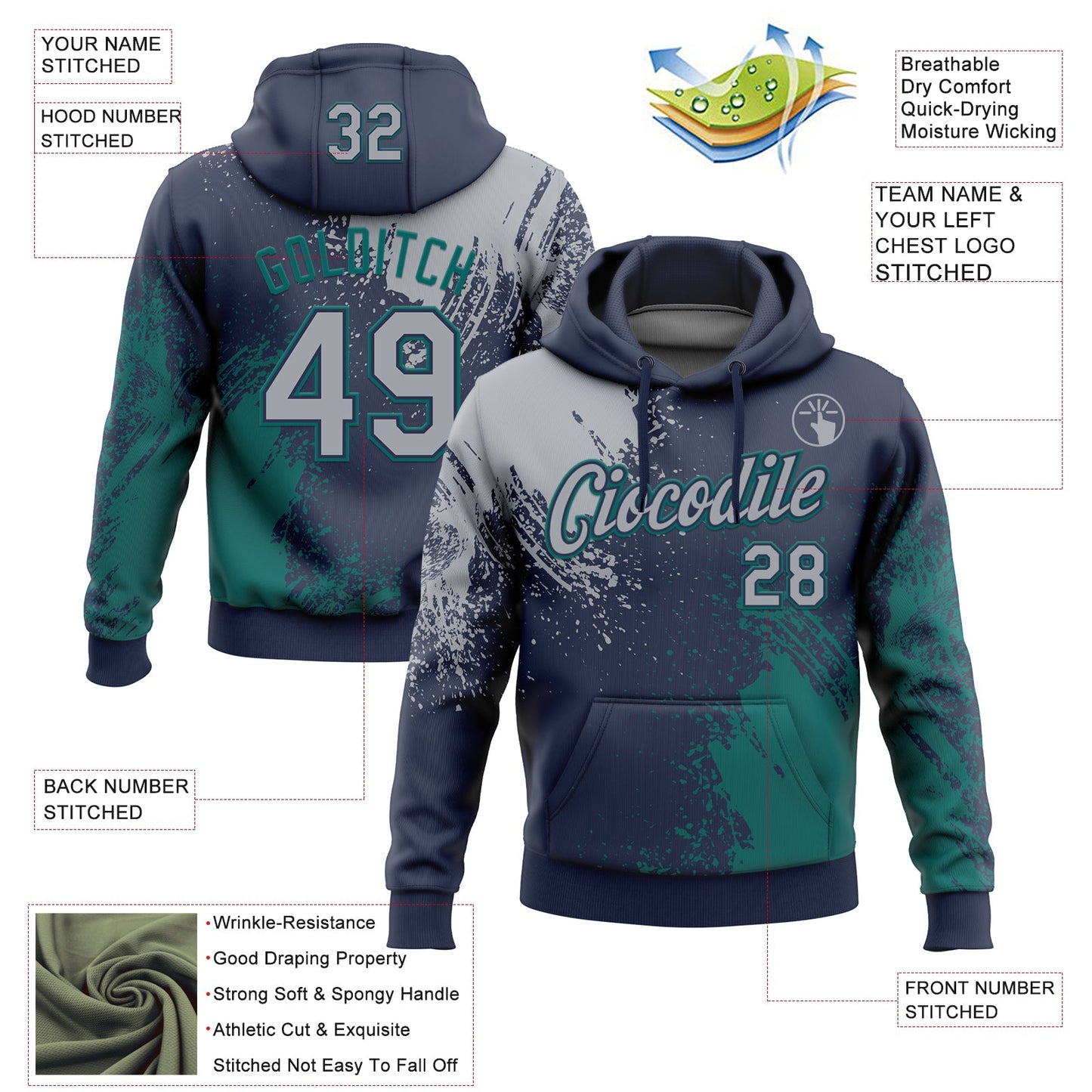 Custom Stitched Navy Gray-Teal 3D Pattern Design Abstract Brush Stroke Sports Pullover Sweatshirt Hoodie view 2
