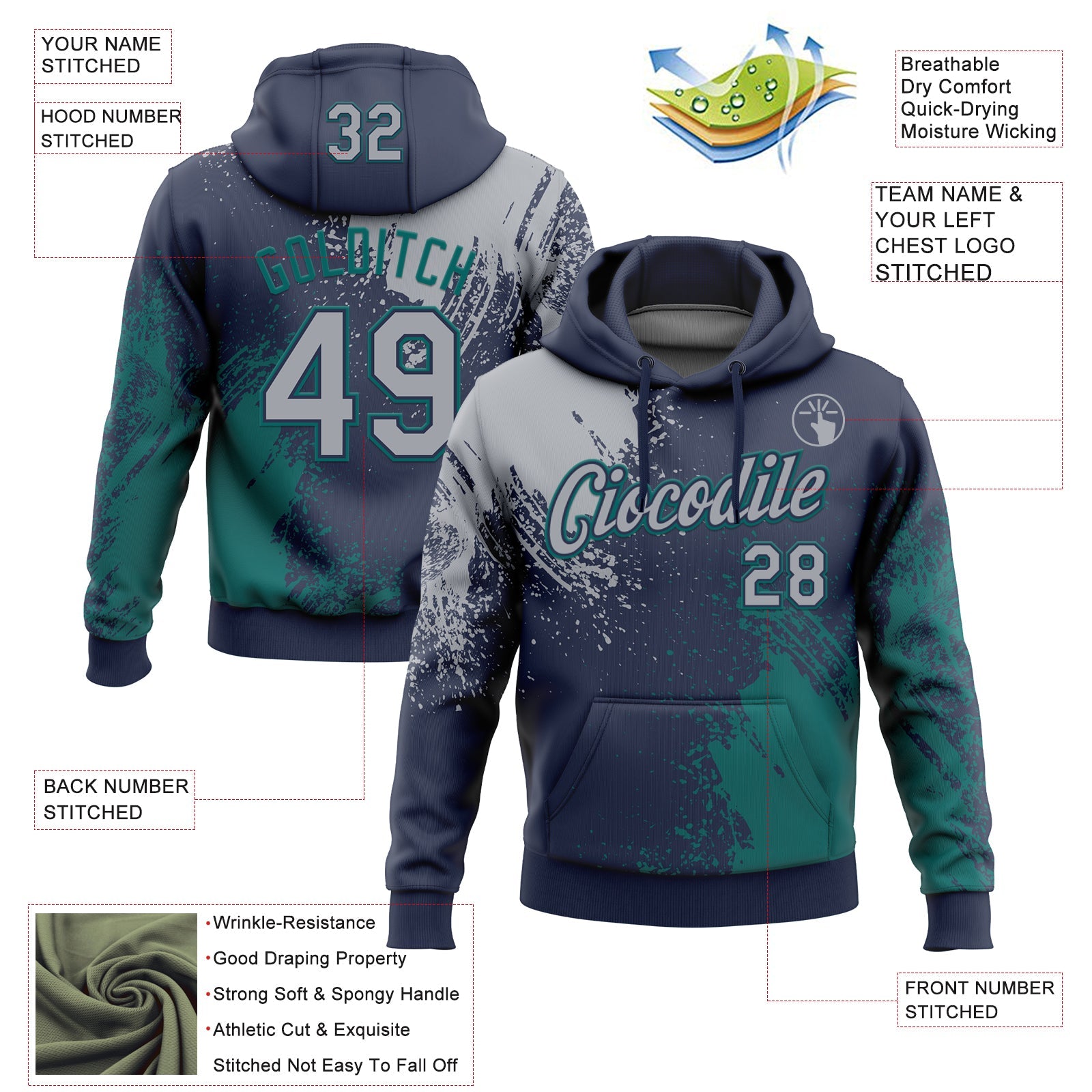 Custom Stitched Navy Gray-Teal 3D Pattern Design Abstract Brush Stroke Sports Pullover Sweatshirt Hoodie view 2