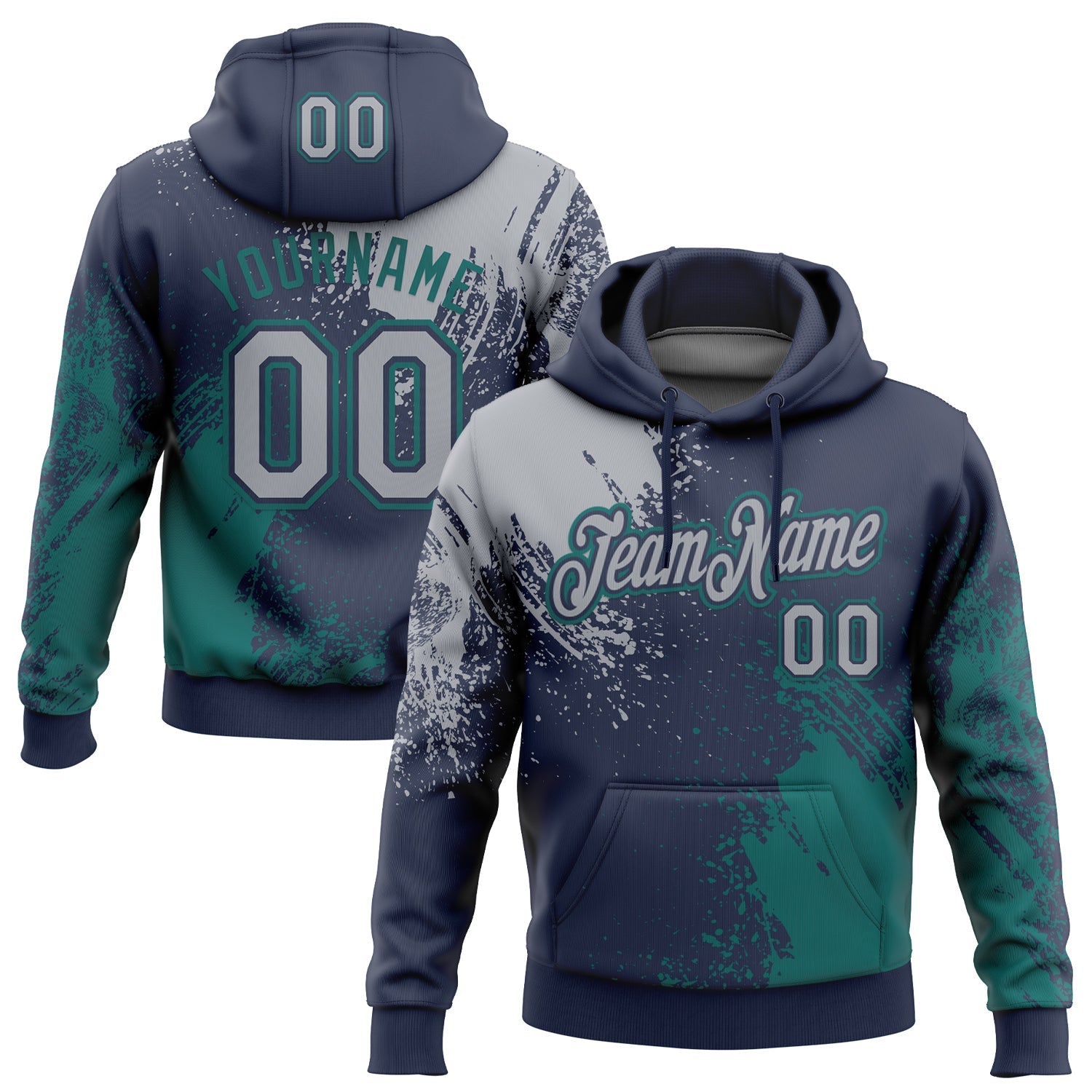 Custom Stitched Navy Gray-Teal 3D Pattern Design Abstract Brush Stroke Sports Pullover Sweatshirt Hoodie - Main View