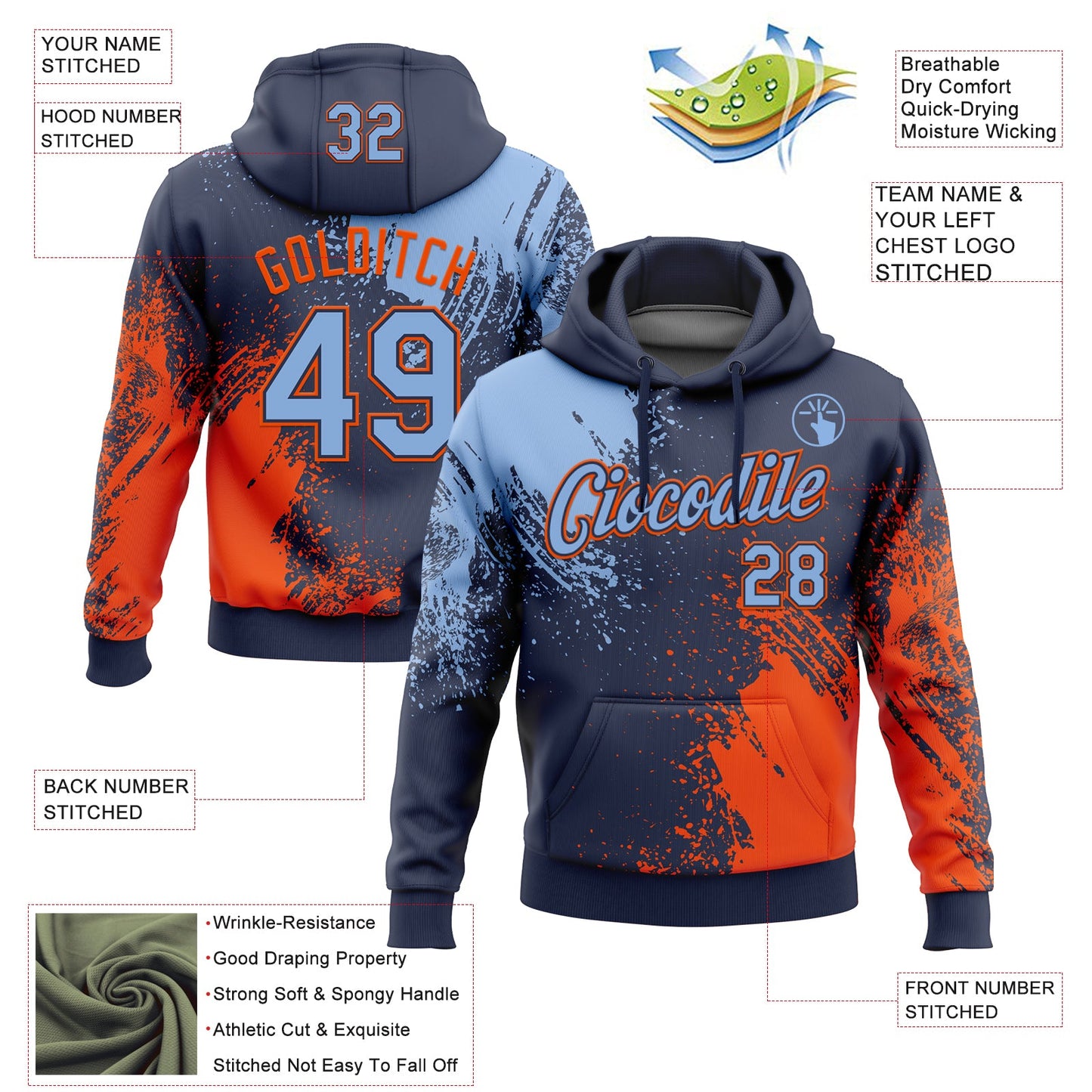 Custom Stitched Navy Light Blue-Orange 3D Pattern Design Abstract Brush Stroke Sports Pullover Sweatshirt Hoodie view 2