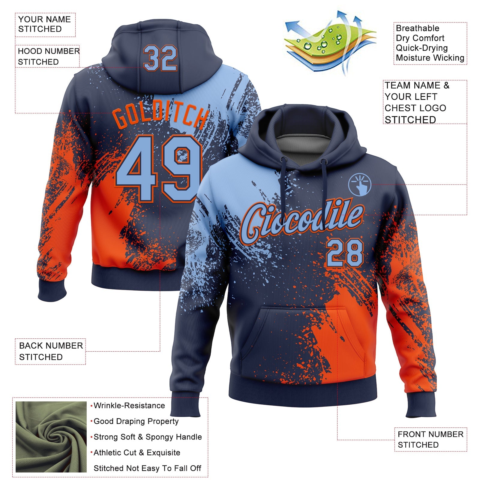 Custom Stitched Navy Light Blue-Orange 3D Pattern Design Abstract Brush Stroke Sports Pullover Sweatshirt Hoodie view 2