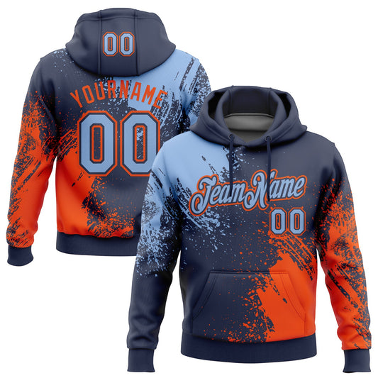 Custom Stitched Navy Light Blue-Orange 3D Pattern Design Abstract Brush Stroke Sports Pullover Sweatshirt Hoodie - Main View