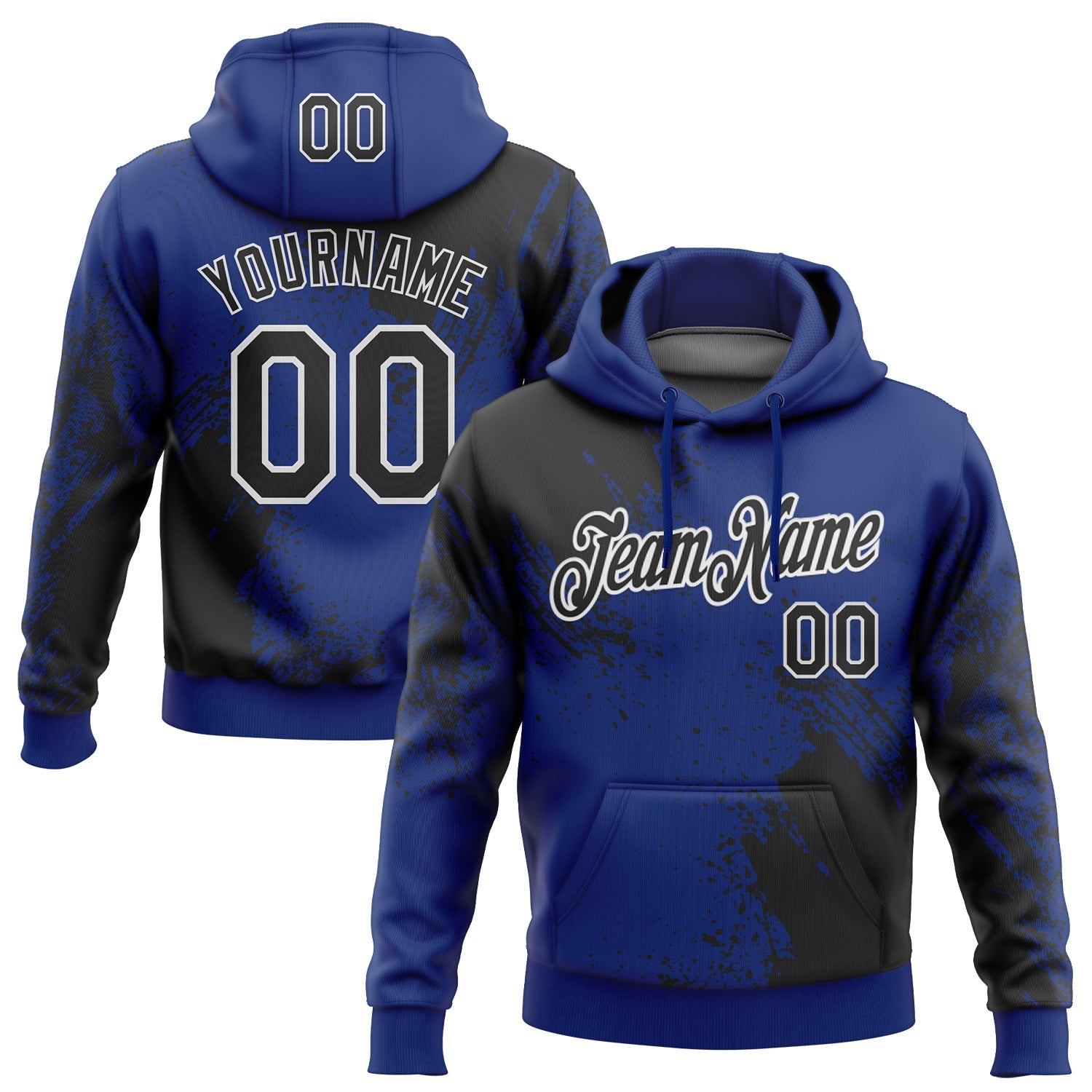 Custom Stitched Royal Black-White 3D Pattern Design Abstract Brush Stroke Sports Pullover Sweatshirt Hoodie - Main View