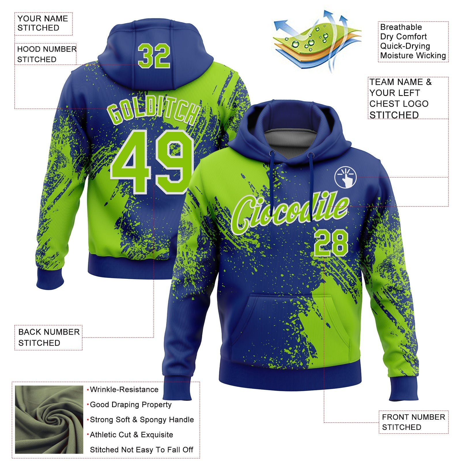 Custom Stitched Royal Neon Green-White 3D Pattern Design Abstract Brush Stroke Sports Pullover Sweatshirt Hoodie view 2