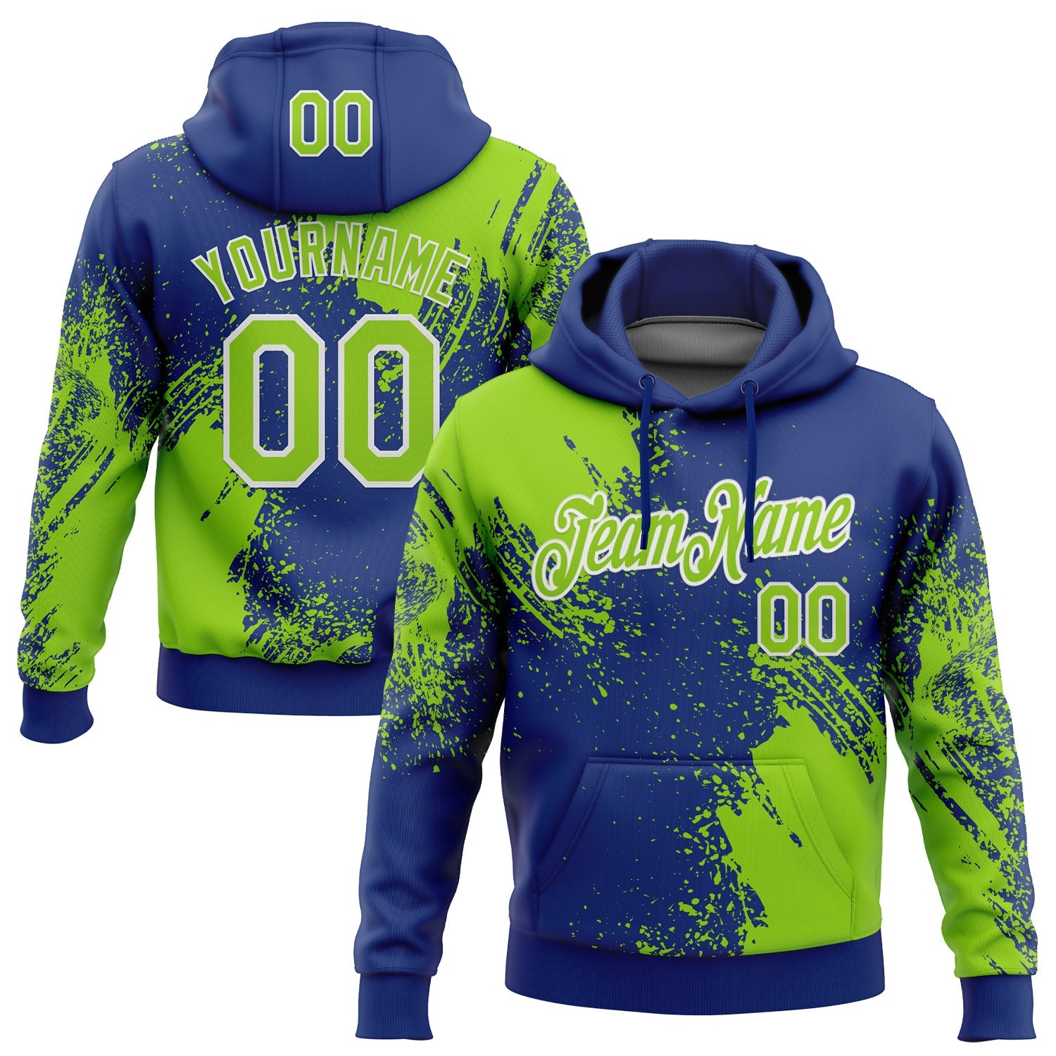 Custom Stitched Royal Neon Green-White 3D Pattern Design Abstract Brush Stroke Sports Pullover Sweatshirt Hoodie - Main View