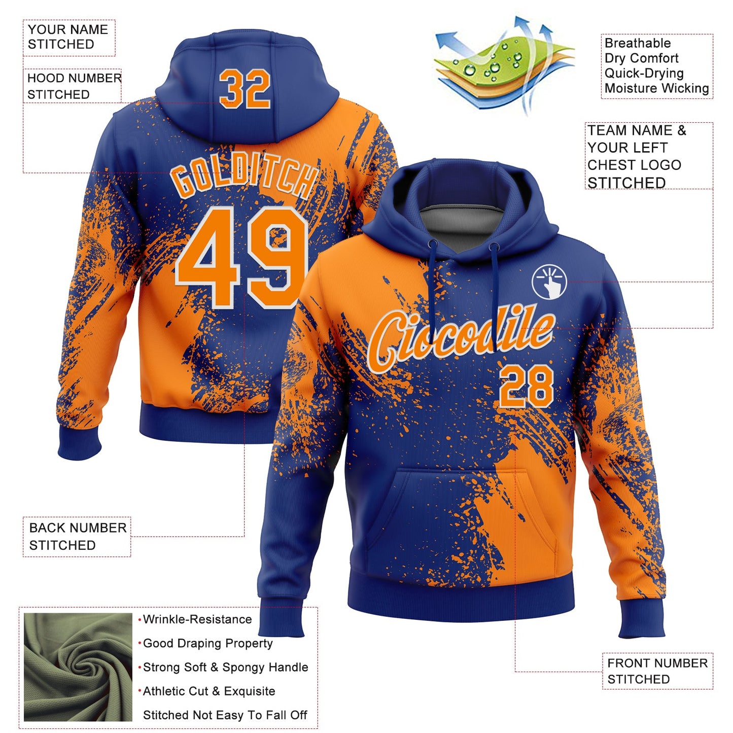 Custom Stitched Royal Bay Orange-White 3D Pattern Design Abstract Brush Stroke Sports Pullover Sweatshirt Hoodie view 2