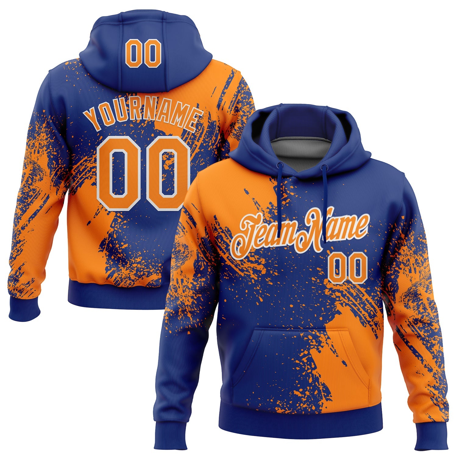 Custom Stitched Royal Bay Orange-White 3D Pattern Design Abstract Brush Stroke Sports Pullover Sweatshirt Hoodie - Main View