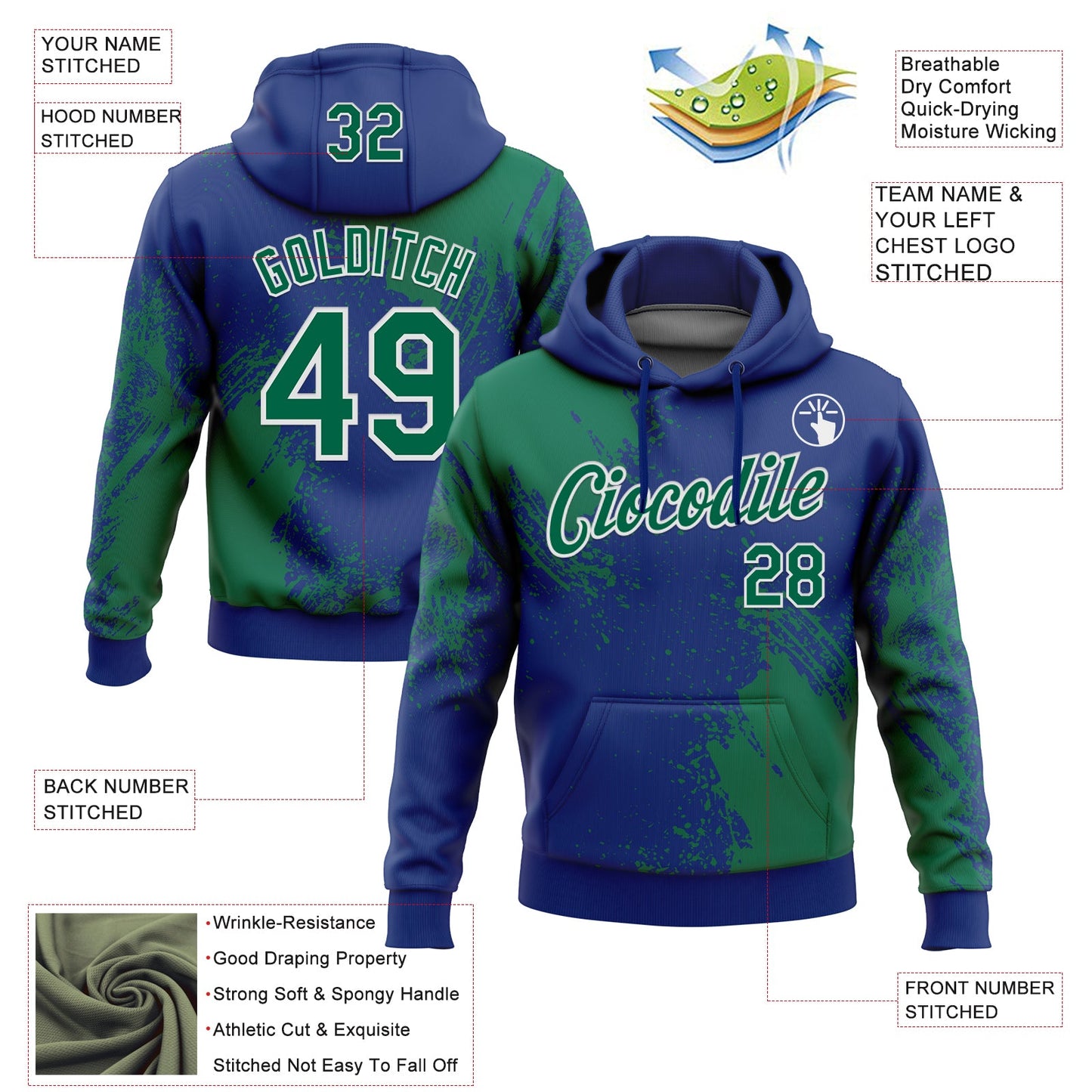 Custom Stitched Royal Kelly Green-White 3D Pattern Design Abstract Brush Stroke Sports Pullover Sweatshirt Hoodie view 2