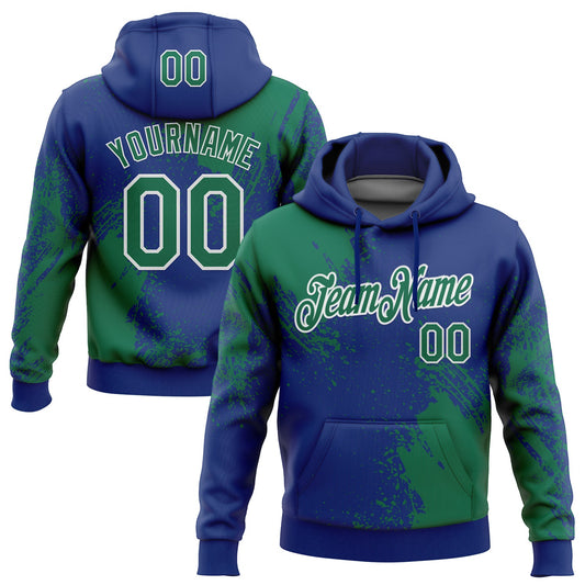 Custom Stitched Royal Kelly Green-White 3D Pattern Design Abstract Brush Stroke Sports Pullover Sweatshirt Hoodie - Main View