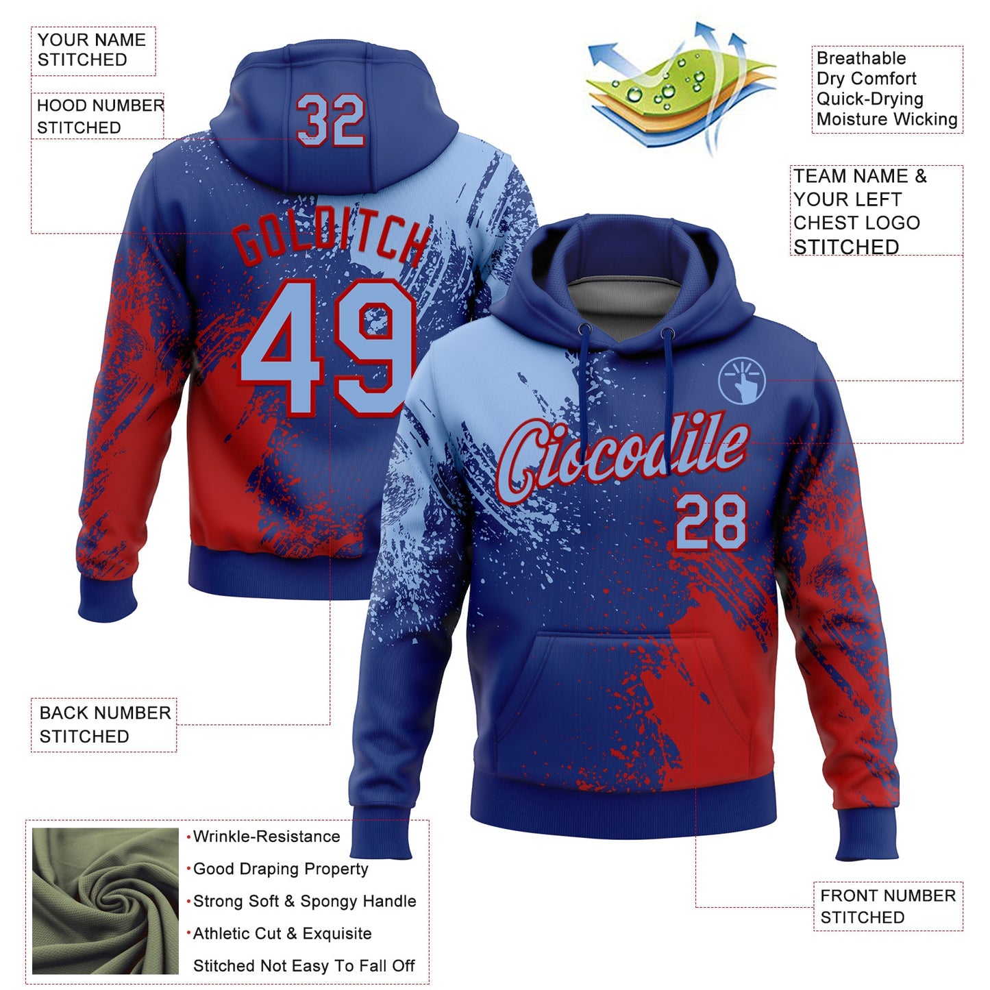 Custom Stitched Royal Light Blue-Red 3D Pattern Design Abstract Brush Stroke Sports Pullover Sweatshirt Hoodie view 2