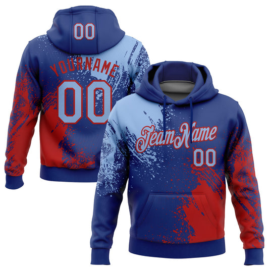 Custom Stitched Royal Light Blue-Red 3D Pattern Design Abstract Brush Stroke Sports Pullover Sweatshirt Hoodie - Main View