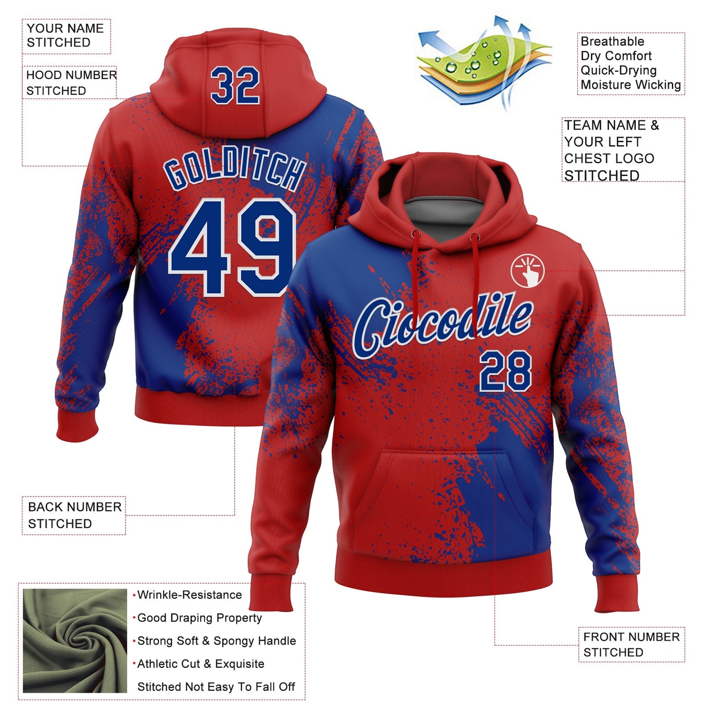 Custom Stitched Red Royal-White 3D Pattern Design Abstract Brush Stroke Sports Pullover Sweatshirt Hoodie view 2