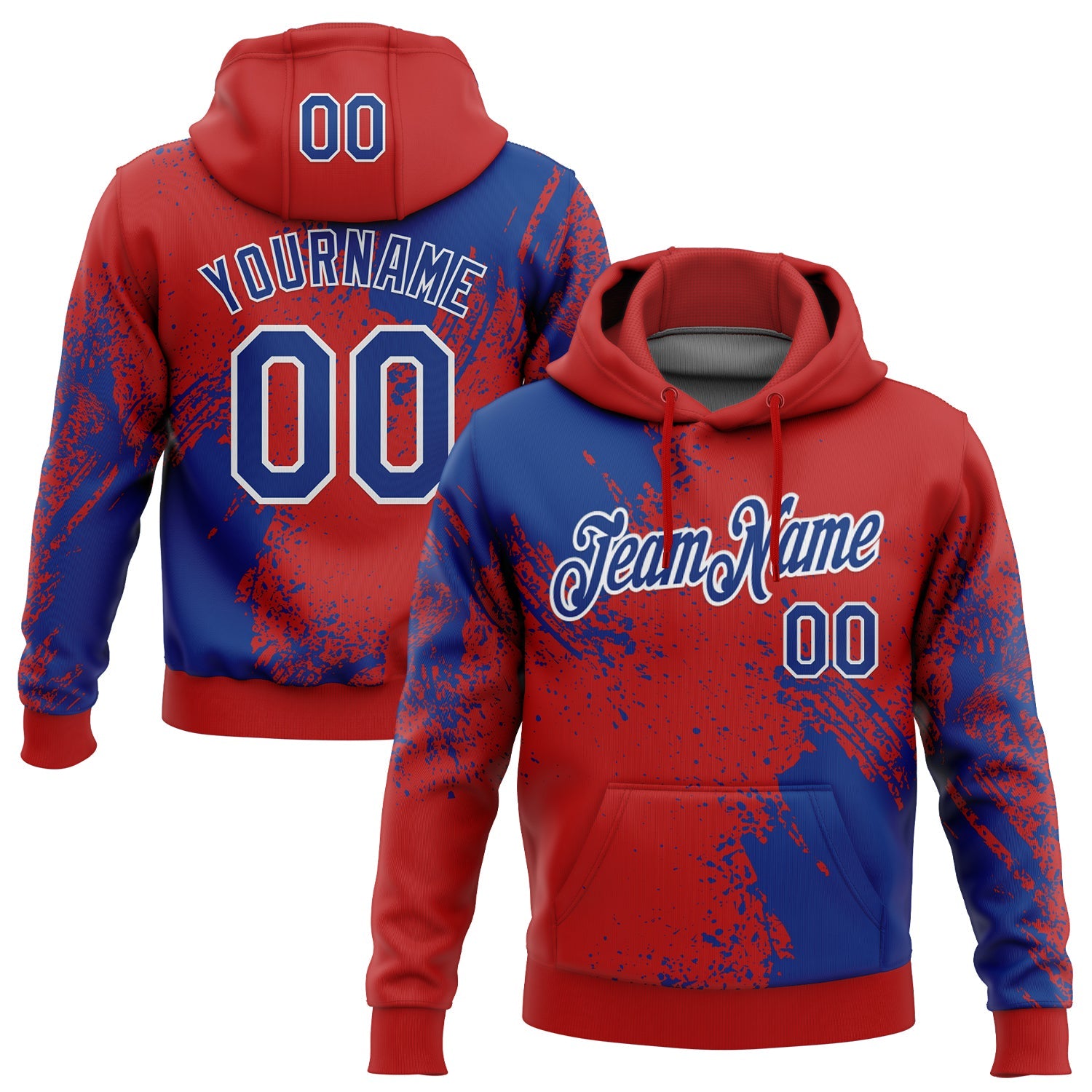 Custom Stitched Red Royal-White 3D Pattern Design Abstract Brush Stroke Sports Pullover Sweatshirt Hoodie - Main View