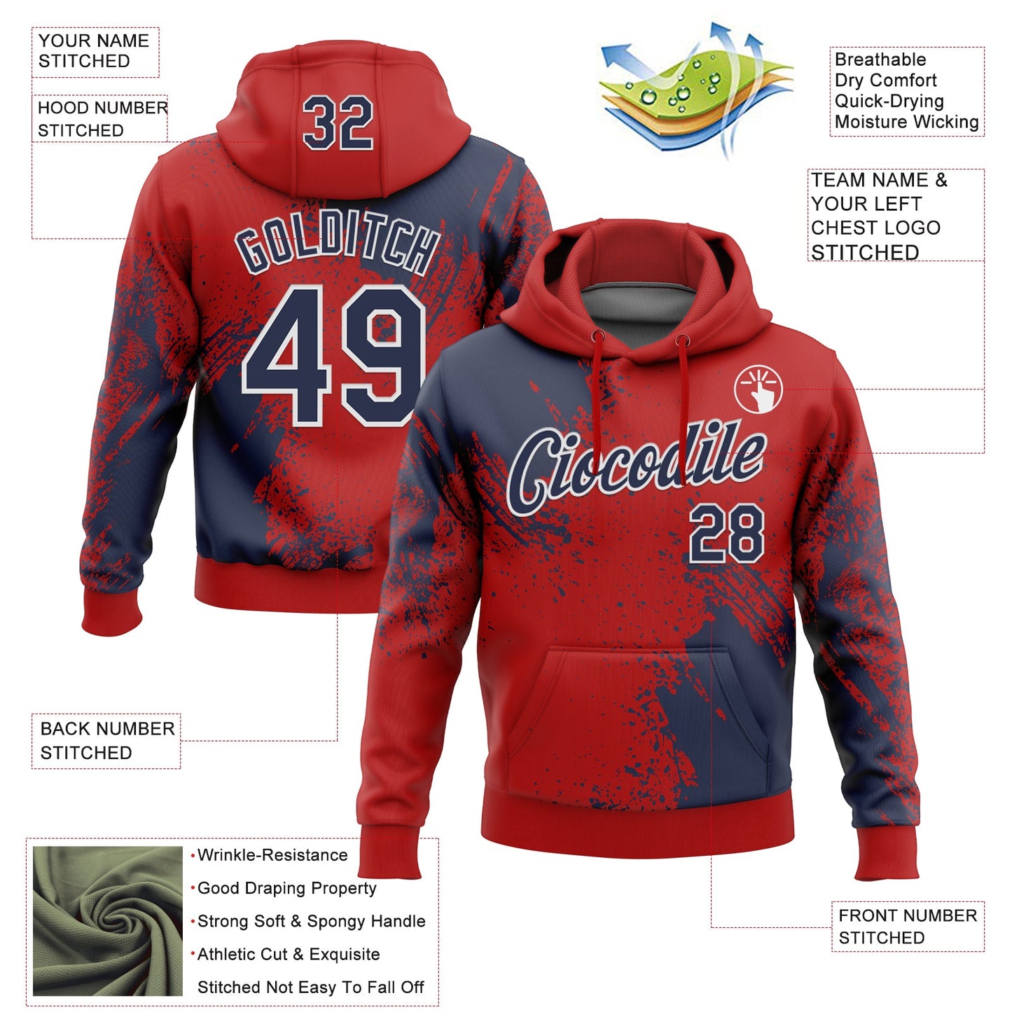 Custom Stitched Red Navy-White 3D Pattern Design Abstract Brush Stroke Sports Pullover Sweatshirt Hoodie view 2